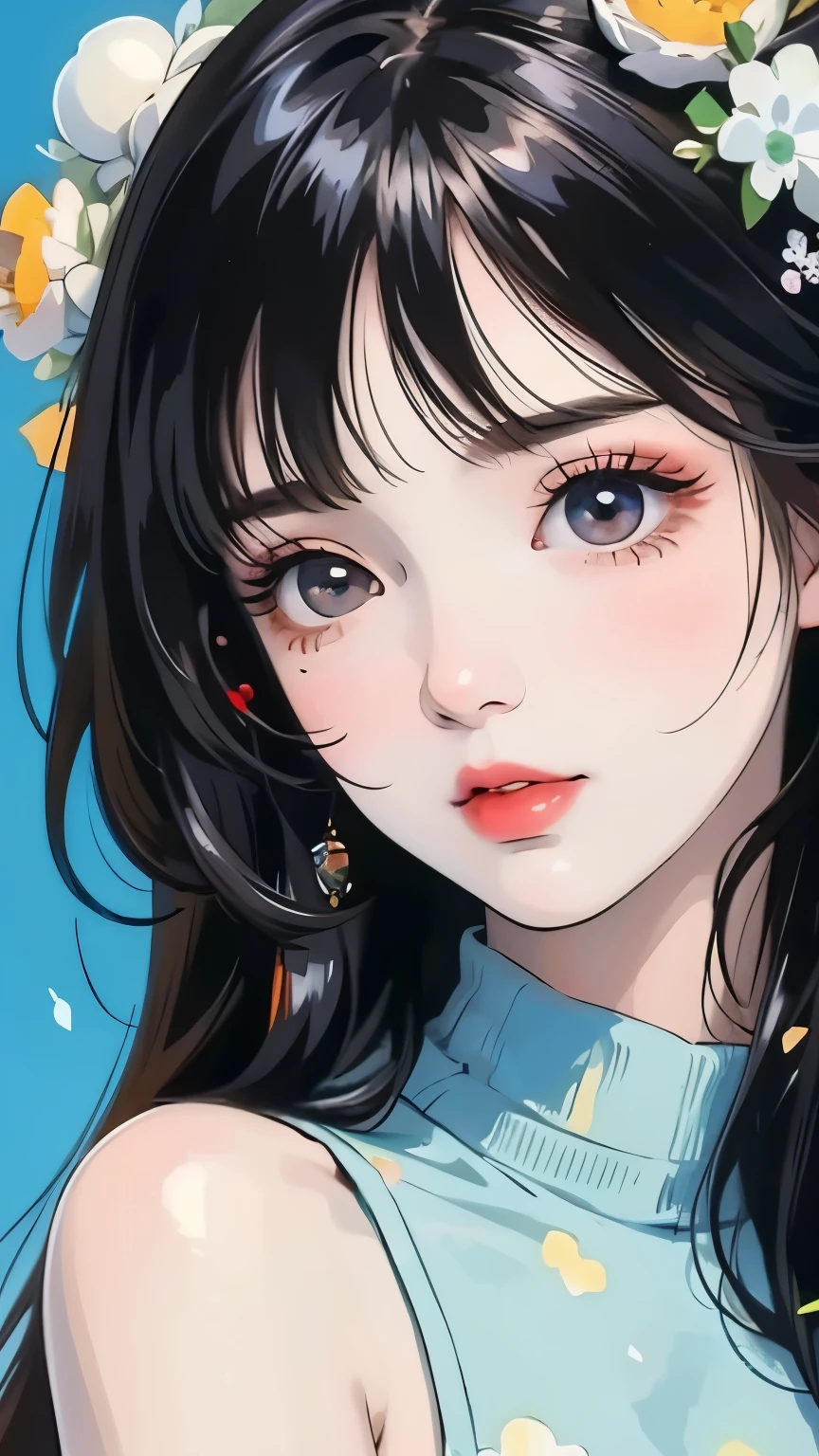 (masterpiece, best quality:1.2),illustration art，Kusama Yayoi's style，simple background，a beautiful girl，Skin detail processing，The eyes are very detailed，sweater，(((Speckled pattern)))，green，blue，White，，black
