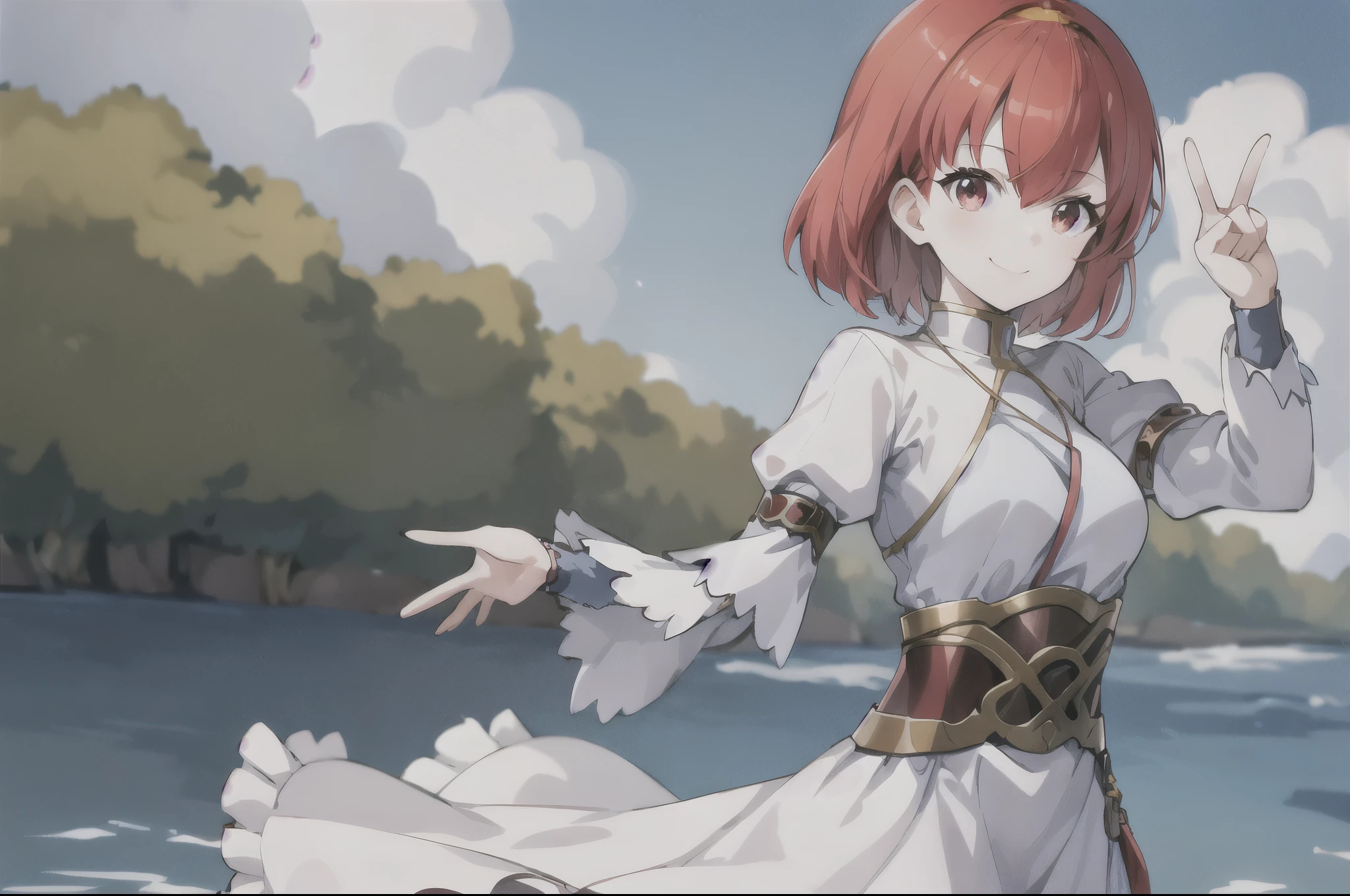 anime girl with red hair, feh_maria, spr_maria, posing for camera, smiling, peace sign, standing next to boy with red hair, extremely detailed, high quality