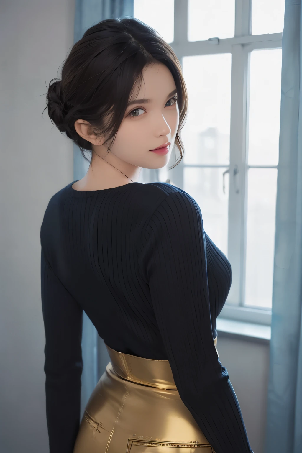 (masterpiece:1.3), (8k, lifelike, original photo, best quality: 1.4), (1 girl), pretty face, (lifelike的脸), (black hair, short hair:1.3), beautiful hairstyle, lifelike的眼睛, Beautiful and delicate eyes, (lifelike的皮肤), Beautiful skin, (sweater), Ridiculous, attractive, ultra high resolution, Surreal, Very detailed, golden ratio，whole body，slim waist，raised buttocks，