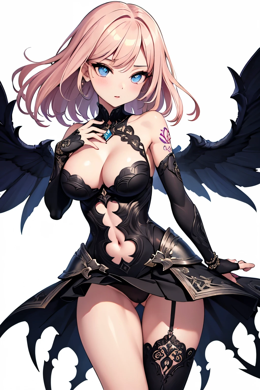 1girl, anime, cute girl, blank background, white background, fantasy, detailed fantasy dress with highlights, beautiful face, beautiful eyes, dark colors, pink hair with some streaks of blue strands, different color pupil in eye, medium small breasts (slightly big), slight cleavage, beautiful skin, cute, breast curtains, extremely delicate and beautiful, (beautiful detailed face:1.0), (detailed deep eyes), symmetrical breasts, deep eyes, shiny skin, portrait, slender waist, hips wider than shoulders, thighs, expressionless, young girl, luminous eyes, adorable,(Kpop idol),(aegyo sal:1),(Platinum blonde hair:1),((puffy eye)),Black panty,sexy posture,Superskirt, ultra high resolution,Black collar,slim figure, Abdominal y tattoo, womb tattoo,Tight-fitting leg ring,y tattoo on half-body,Bare skin, Armored hand,Hidden fingertips,Hand covered,Arm covered,Fist covered,{{beautiful detailed fingers}}, tufts of hair, moderate beautiful breast:1.0,(masterpiece:1.2), best quality, high-res, HDR, perfect face, intricate armor, delicate blue filigree, intricate filigree, red metalic parts, detailed part, dynamic pose, dynamic lights,