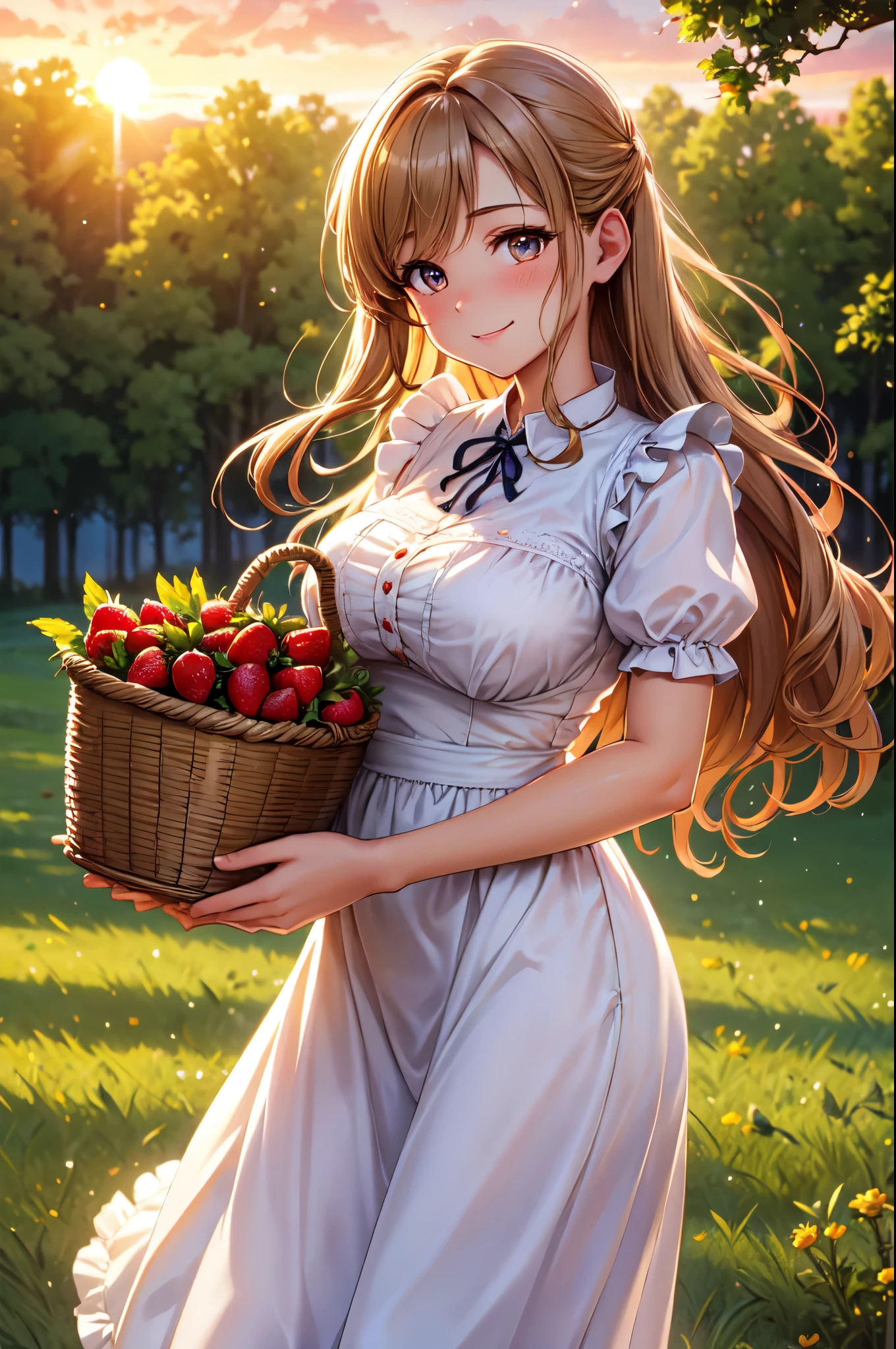 (High quality, High resolution, Fine details), Victorian maid, vintage dress, BREAK holding a basket of strawberries, BREAK meadow, golden sunset light, romantic atmosphere, Standing, solo, curvy women, sparkling eyes, (Detailed eyes:1.2), smile, blush, Sweat, Oily skin, shallow depth of field