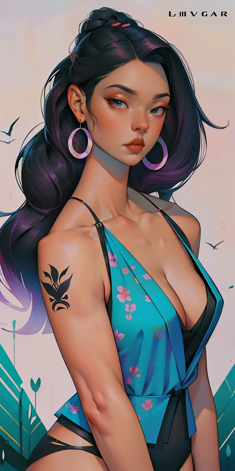 happy, comfortably, superior, Romantic, background, In chic lavender purple mint hair, Mixed languages_Short message, (美丽清晰的background:1.2),, fantastic painting ,graffiti style, highly detailed eyes , black underwear, black suit jacket,long braids, braid, long hair, cool hairstyle, floral print, birds, plant, candy, tattoo, like, like, super fine hair, masterpiece, best quality, high quality, high resolution, Detail enhancement, ((the most beautiful image in the world)), masterpiece, best quality, high quality, high resolution, Detail enhancement, ((the most beautiful image ), Hair with diminished luster, Black suit suit, decoration, bracelet, ring, dig a hole, simple hoop earrings, cool hairstyle, art by stjepan sejic, Artwork by J. Scott Campbell, The Art of Guillem March, Artwork by Sitmer Liu, 4k, high resolution, comics book character, comics, high quality详细, style of ::2.0 comics插画风格,tattoo风格, high quality, high resolution, Detail enhancement, 8k, HD, best quality, high quality, high resolution, Detail enhancement, 8k, HDR, sharp focus, Super detailed, perfect lighting, curvy body, plump breasts, Beautifully curved hips