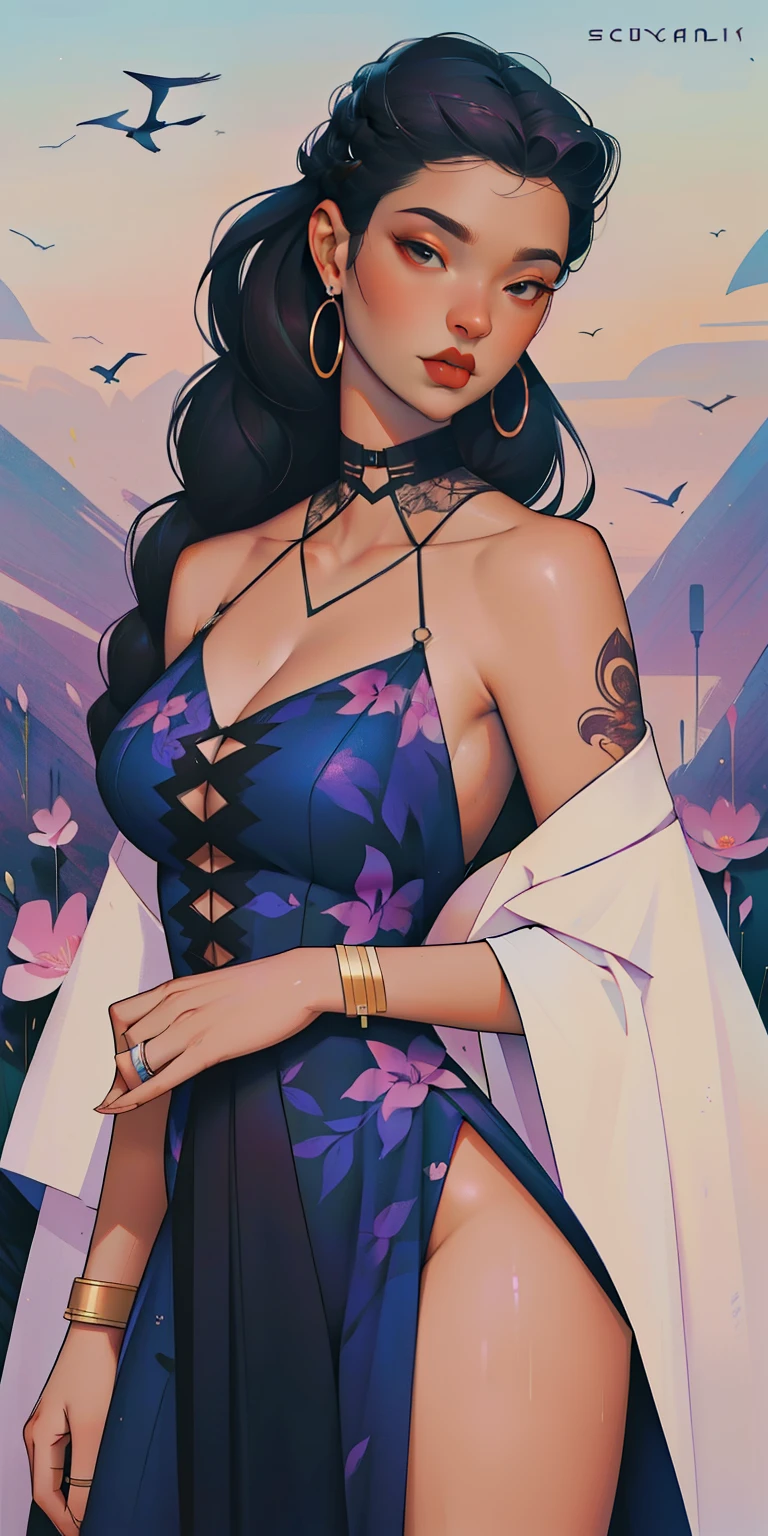 happy, comfortably, superior, Romantic, background, In chic lavender purple mint hair, Mixed languages_Short message, (美丽清晰的background:1.2),, fantastic painting ,graffiti style, highly detailed eyes , black underwear, black suit jacket,long braids, braid, long hair, cool hairstyle, floral print, birds, plant, candy, tattoo, like, like, super fine hair, masterpiece, best quality, high quality, high resolution, Detail enhancement, ((the most beautiful image in the world)), masterpiece, best quality, high quality, high resolution, Detail enhancement, ((the most beautiful image ), Hair with diminished luster, Black suit suit, decoration, bracelet, ring, dig a hole, simple hoop earrings, cool hairstyle, art by stjepan sejic, Artwork by J. Scott Campbell, The Art of Guillem March, Artwork by Sitmer Liu, 4k, high resolution, comics book character, comics, high quality详细, style of ::2.0 comics插画风格,tattoo风格, high quality, high resolution, Detail enhancement, 8k, HD, best quality, high quality, high resolution, Detail enhancement, 8k, HDR, sharp focus, Super detailed, perfect lighting, curvy body, plump breasts, Beautifully curved hips