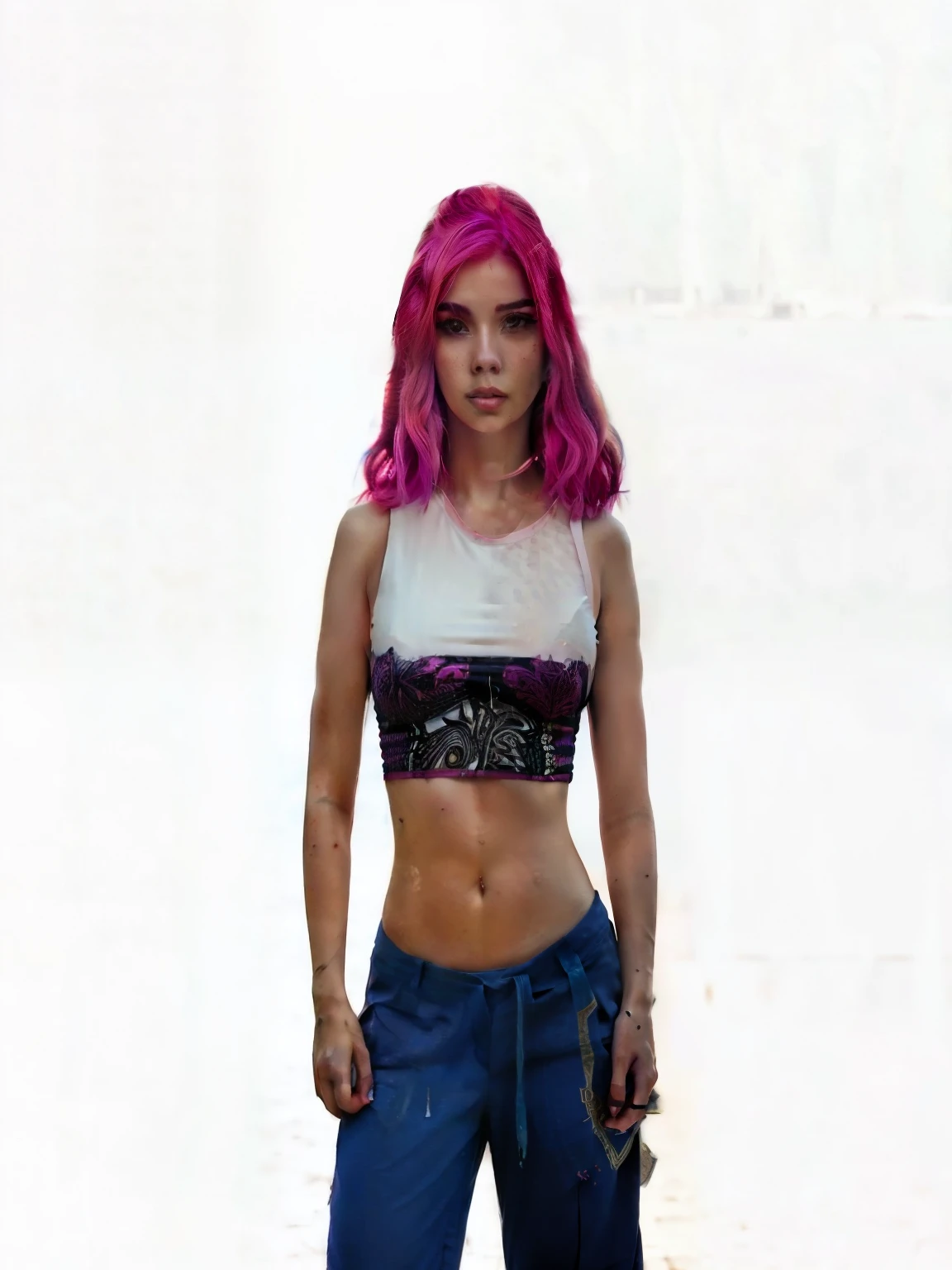 woman wrestler with pink hair and a white top, realistic face, realistic body, female outfit, intricate detail
