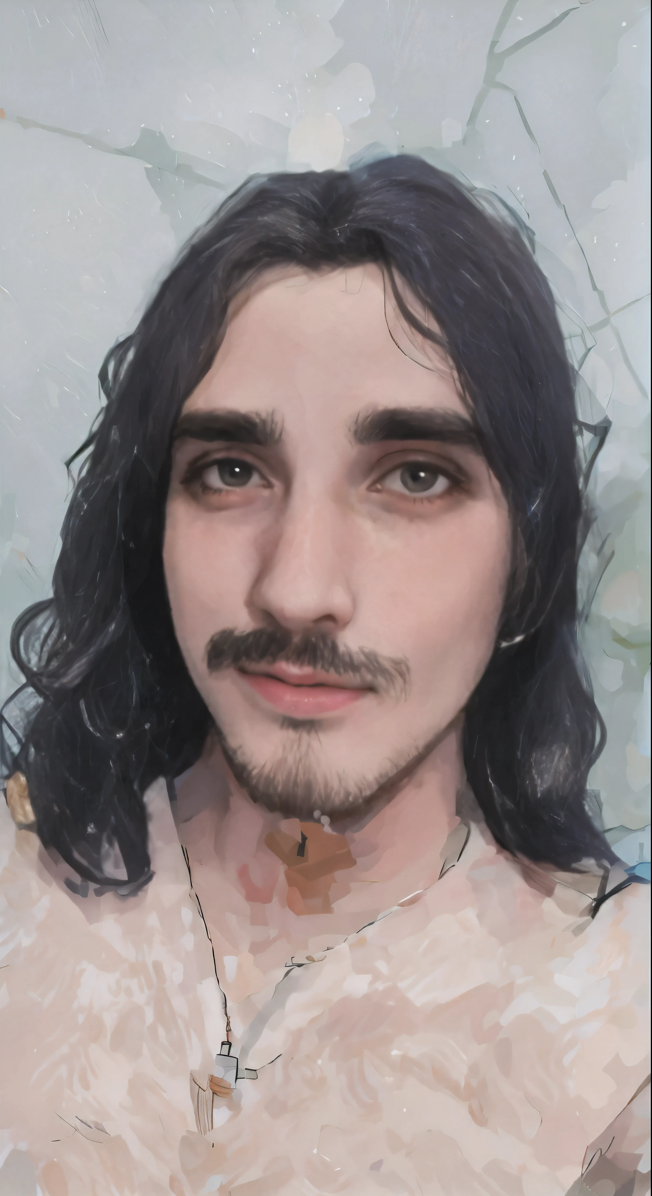 tem um homem com cabelo comprido e um colar no chuveiro, cerca de 19 anos, in oil painting style, imagem de qualidade muito baixa, Diego Dayer, imagem de perfil, Alexandre, foto frontal, cabelos oleosos, 23 anos, 27 anos de idade, com bigode, 28 anos de idade, com cabelo comprido, david rios ferreira 8k qualidade.