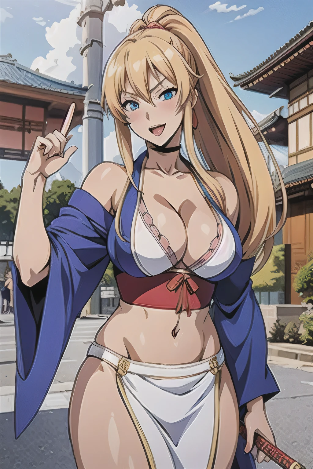  Reina Morimoto, morimoto_reina, (blue eyes, , blonde hair, blonde, lipstick, masterpiece, best quality, highly detailed, a anime girls in kimono dress with a sword posing for a
picture, bare shoulder,open kimono, evil smile, open mouth, crop top , (nsfw) not safe for work, smile,
ecchi anime style, anime girls, ecchi style, ecchi, digital anime art!!, in anime style, official artwork, visual
novel cg, beautiful anime girl, anime style 4 k, kimono pencil skirt, exposed belly, exposed navel,
exposed midriff, exposed lower belly, outdoor, japanese architecture, temple,