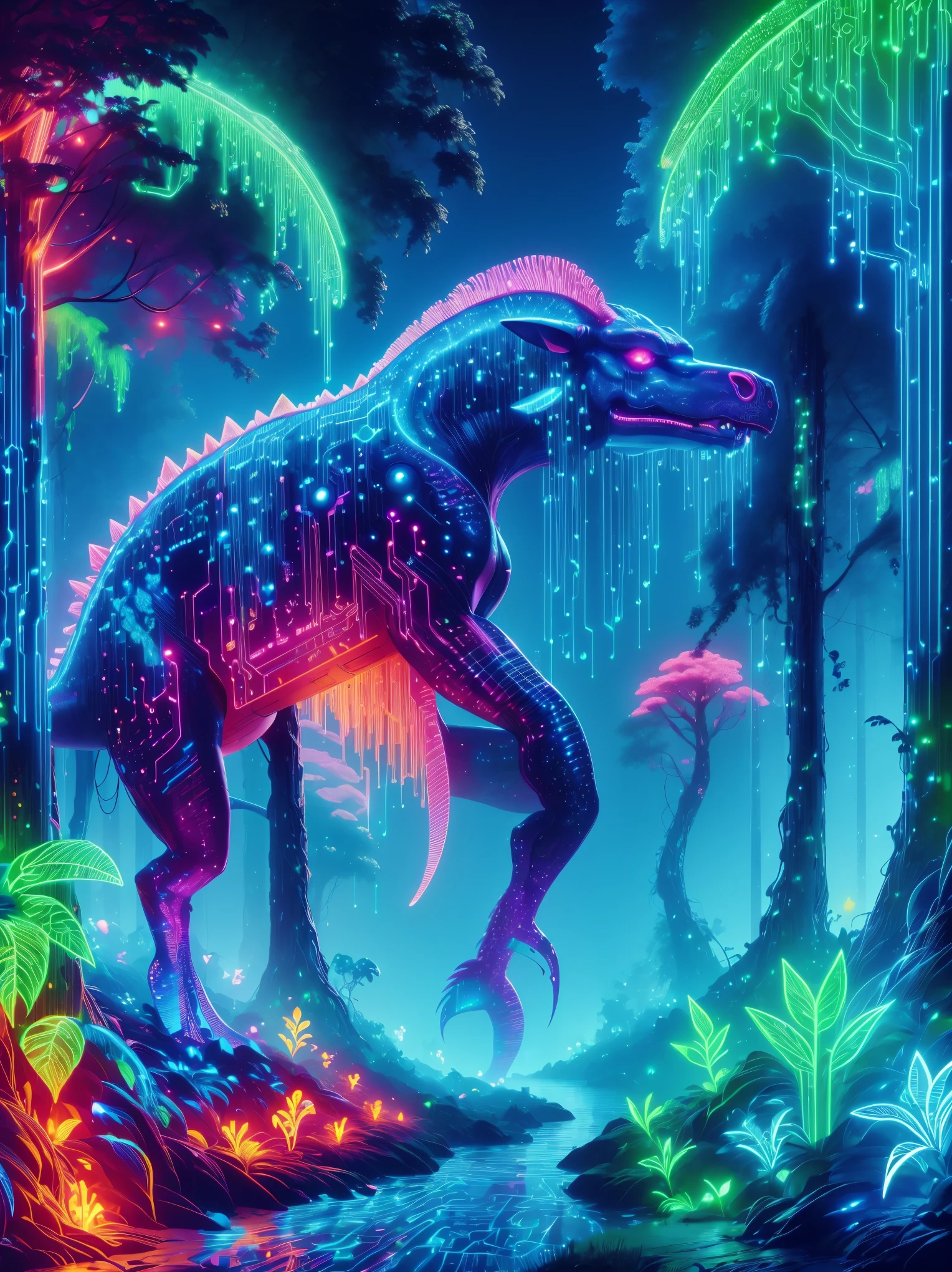 (Neon lights),circuit boards,((1 giant glowing magical prehistoric creature:1.3)),((circuit board decoration),bioluminescence,ethereal,uv,translucent,Nature,mystery,Dark environment,magic,biodesign,light,Physical rendering,Vibrant color background bokeh,Various shades,soft light lighting,pulsating light,(UHD, masterpiece, ccurate, anatomically correct, textured skin, super detail, high details, award winning, best quality, 8k)