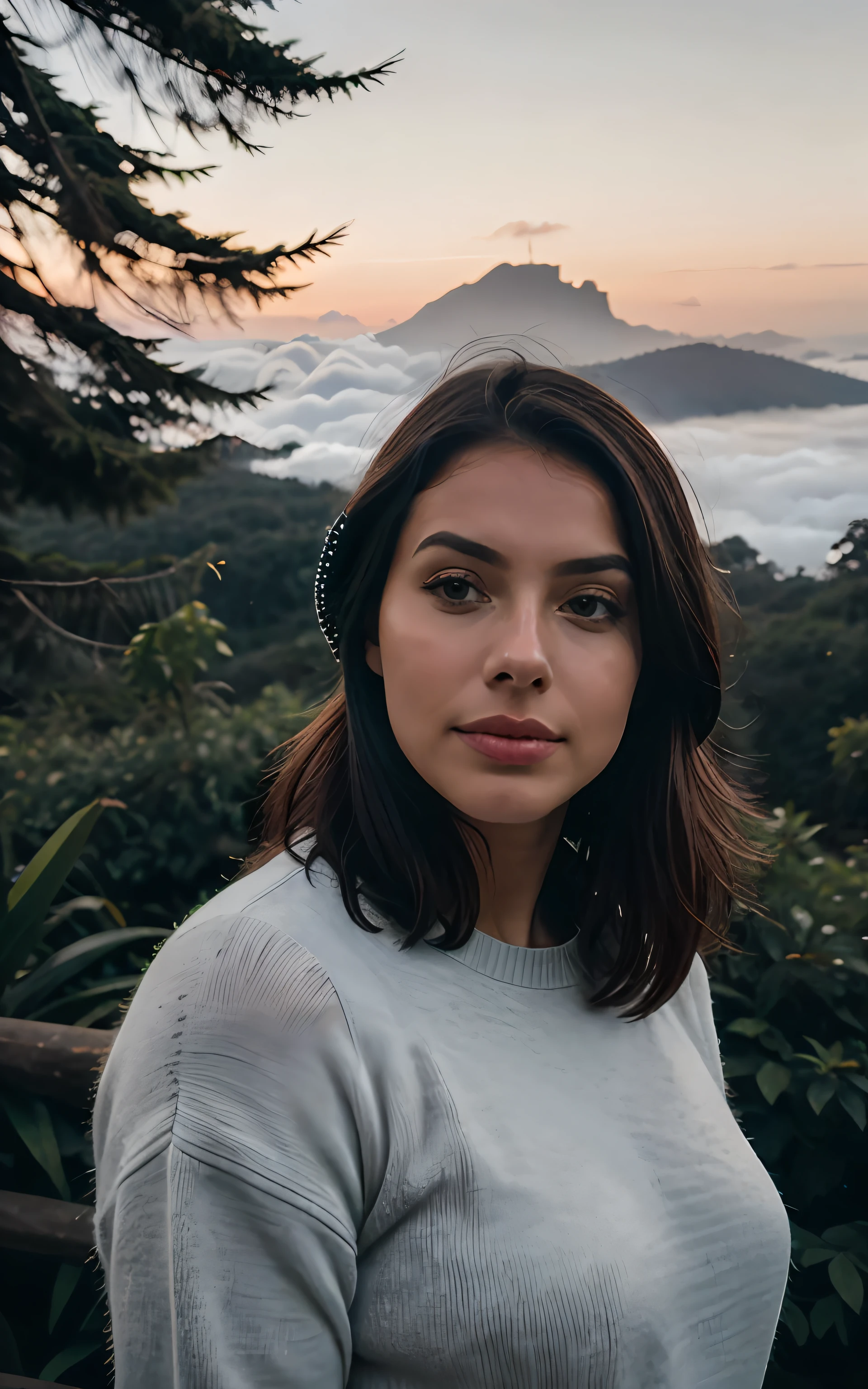 fotorrealista, melhor qualidade, hiper detalhado, Mulher bonita, Foto selfie, parte superior do corpo, sozinho, wearing pullover, ao ar livre, (Noite), Montanhas, natureza da vida real, Estrelas, lua, (alegre, Feliz), Saco de Dormir, Luvas, sweater, cap, lanterna, Floresta, Rochas, Rio, Madeira, smoke rising, mistborn, clear sky, analog style, Olhando para o Viewer, textura da pele, cinematic grain, fechar para cima, ultra-high resolution, Melhor sombra, .CRU, LUT do instagram