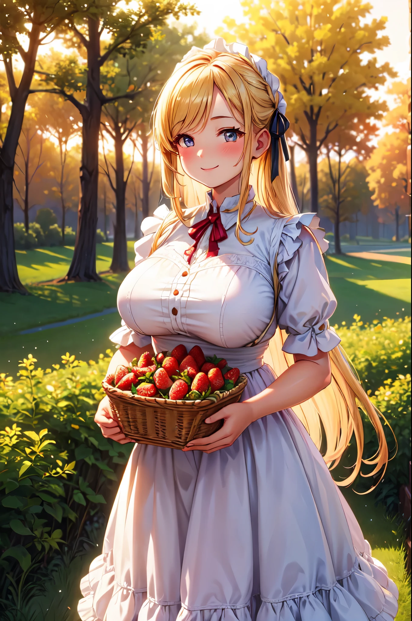 (High quality, High resolution, Fine details), Victorian maid, vintage dress, BREAK holding a basket of strawberries, BREAK meadow, golden sunset light, romantic atmosphere, Standing, solo, curvy women, blond hair, sparkling eyes, (Detailed eyes:1.2), smile, blush, Sweat, Oily skin, shallow depth of field