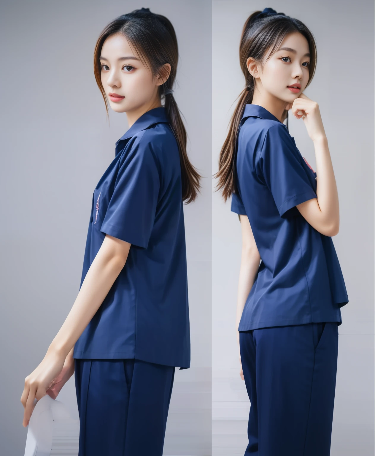 (best quality,10,10,height,Masterpiece:1.2),Special details,(realistic,ภาพrealistic,Realistic photos:1.37),1 Cute girl in the kitchen,shiny, ผิวshiny,only,smile softly,BDclothelue shirt:1.3)),short sleeve,shirt, กางเกงขาlong.,(navy_long_track pants:1.1), ((Kitchen Background)),Dynamic angle,excited,Face focus,dynamic poses,from behind,focus on ass,Masterpiece, best quality, ultra realistic, hyper-detail, 8K resolution, raw photos, Sharp focus, ((Navy blue shirt:1.1)), short sleeve, เส้นทางlong, perfect body, 2 mature women, 18 years old, Cinema-grade lighting system,blue sweatpants,shirtผ้าออกกำลังกาย,correct anatomy,perfect body, correct body, Sharp face, correct bodyทางกายวิภาค, full body, realistic gestures, long-haired, realistic poses,Wear long shorts...........................,ช่วงขาlong,Good shape,carved girl, Slender figure, model, Good shape, beautiful body,blue sweatpants, two girls kissing