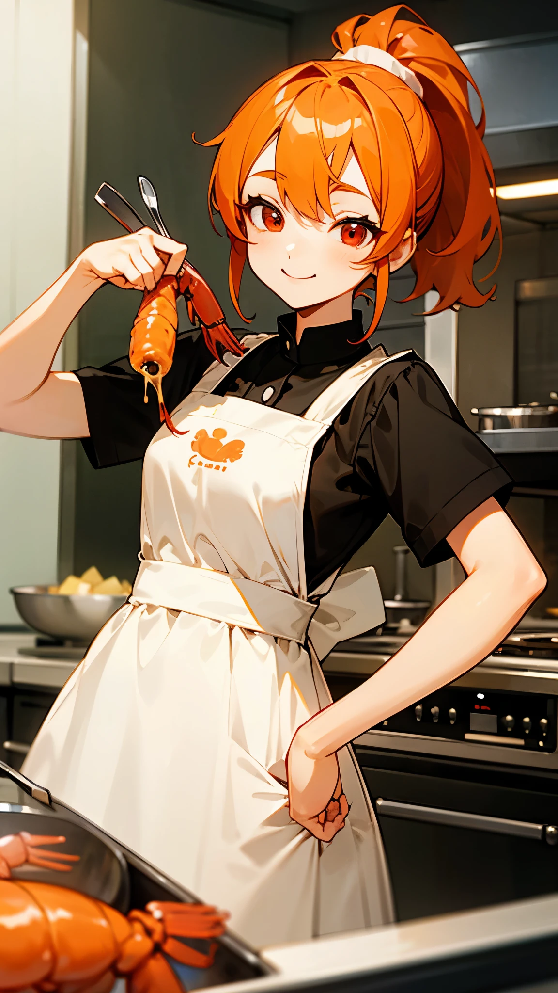 Cute shrimp woman cooks delicious food in the kitchen、orange hair、ponytail、round red eyes、apron、smile、smile