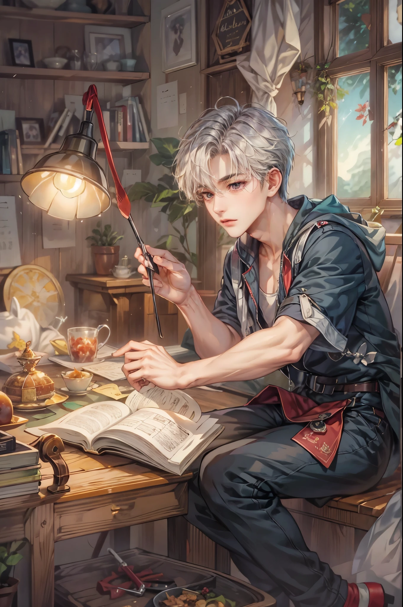 (absurdres, highres, ultra detailed, HDR), masterpiece, intricate, best quality, portrait of a handsome villain from Final Fantasy IX, sapphire hair, short hair, korean face, anime eyes, prince outfit , wearing glasses, detailed interiors of an rpg weapon shop, showing forest in the windows , detailed character