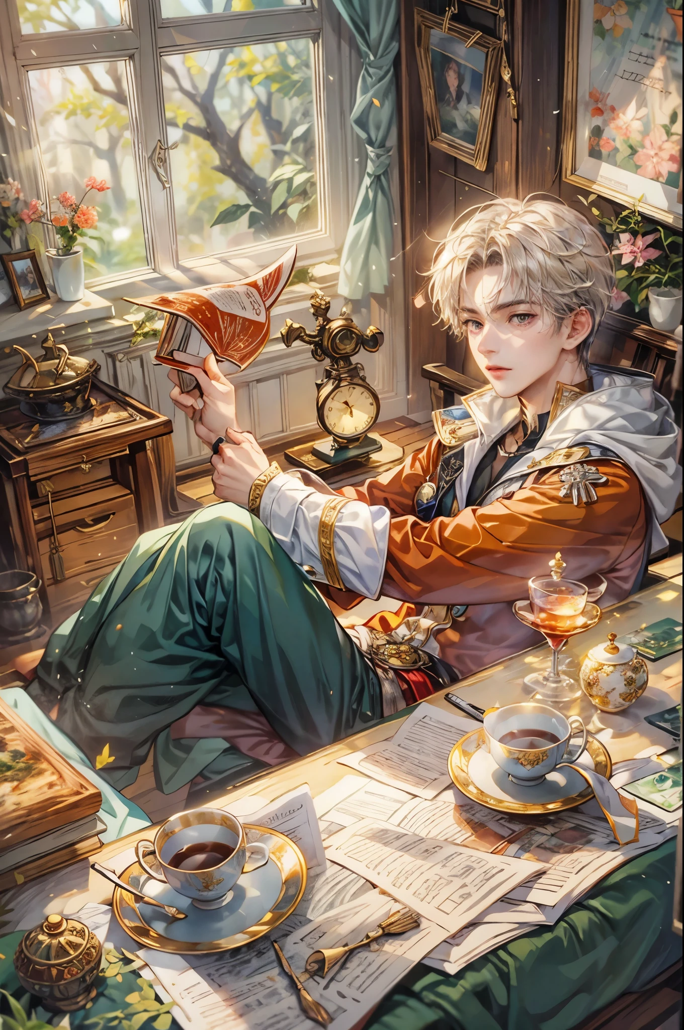 ((Best quality)), ((masterpiece)), (detailed), ((perfect face)), ((halfbody)) sailor moon character, make version, handsome young boy artist, engaging in various activities within his cozy home nestled in a serene forest. Capture moments of his daily life, such as using his smartphone, digital painting, reading, playing a musical instrument, or enjoying a cup of tea, as he explores his creativity and self-discovery, all while surrounded by the warmth and comfort of his sanctuary