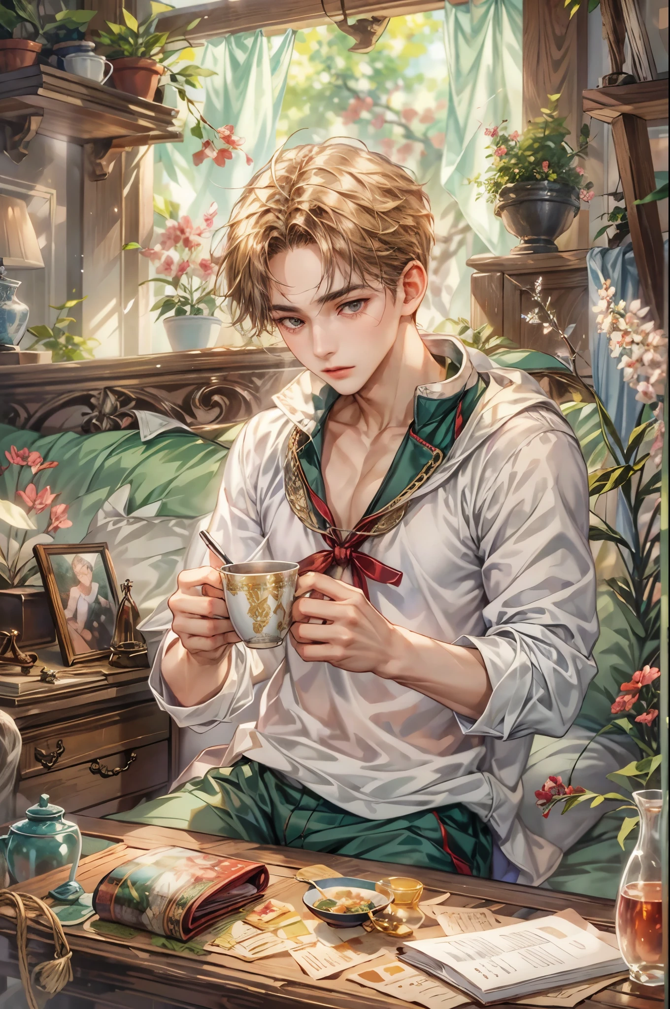 ((Best quality)), ((masterpiece)), (detailed), ((perfect face)), ((halfbody)) sailor moon character, make version, handsome young boy artist, engaging in various activities within his cozy home nestled in a serene forest. Capture moments of his daily life, such as using his smartphone, digital painting, reading, playing a musical instrument, or enjoying a cup of tea, as he explores his creativity and self-discovery, all while surrounded by the warmth and comfort of his sanctuary