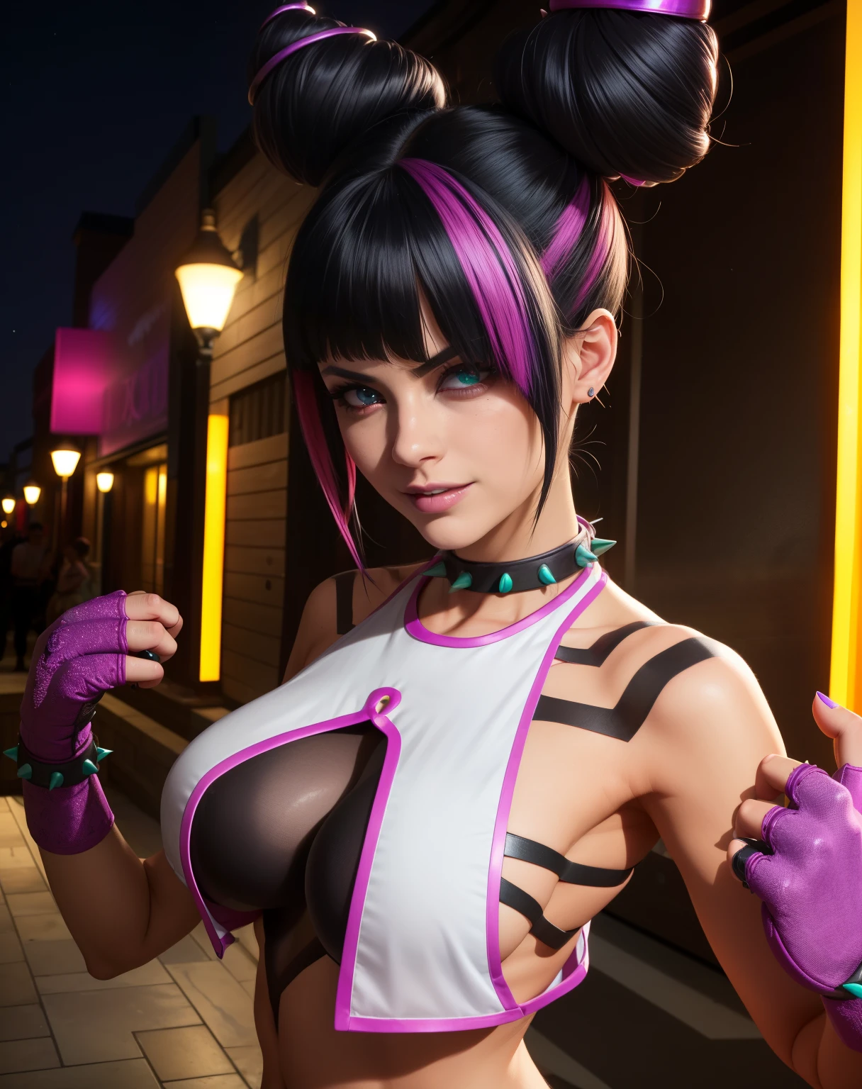 foujuri, Juri , black hair,two-tone hair, hair horns, purple right,  heterochromia, green left eye, spiked bracelet, spiked collar, finger-less gloves, white vest, 
navel, standing, upper body, evil seductive smile, night club, (insanely detailed, beautiful detailed face
standing, upper body, evil smile, showing her feet,
night club,
(insanely detailed, beautiful detailed face,beautiful detailed eyes, masterpiece, best quality) , solo,
