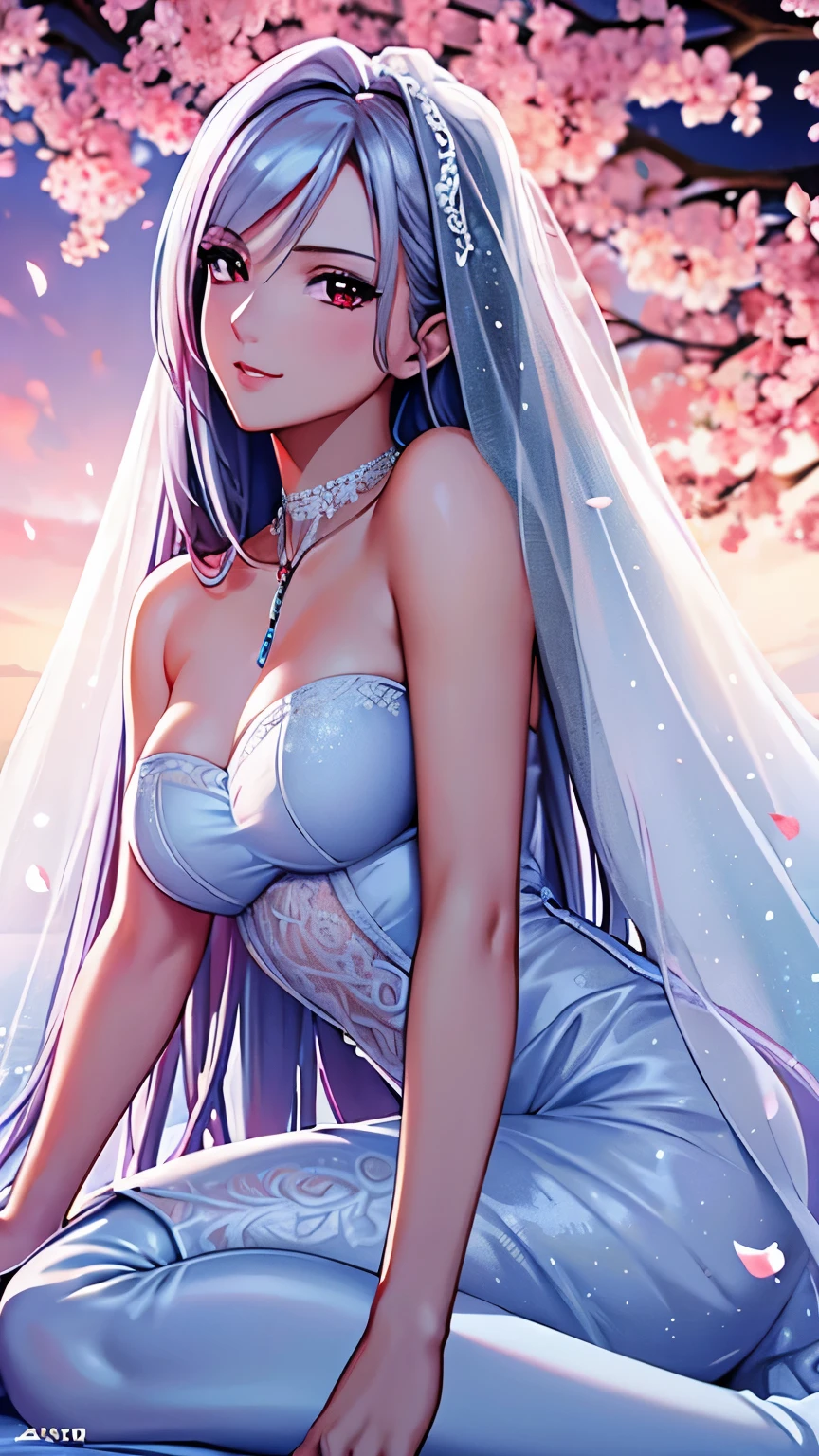 red eyes, (Background full of cherry blossom petals:1.0), (highest quality, masterpiece絵画:1.3), mature woman, 26 years old, whole body, (beautiful neck:1.2),(from the top of the head to the toes),looking at camera, (From the side), masterpiece, ultra high resolution, (Photoreal:1.0), bright white hair,straight long hair, beautiful shining hair, white and shining skin, ((Ultra realistic details)), octane rendering, highly detailed face,(gorgeous white wedding dress,white Wedding veil,delicate decoration:1.2), open neckline, cleavage, perfect body, soft skin, anime face, perfect face, perfect eyes, looking at the viewer, smart,, Many flowers are blooming at my feet, outdoors,sharp focus, intricate details, professional artwork, (bright colors:1.1), bright colors, diffused lighting, digital blending, ultra-definition body, ultra detail hair, super detailed face, that'It's trending on pixiv,perfect lips, perfect compensation, Ultra-precision coating, (light_smile:0.8), (Very embarrassed:1.2),look down,A glossy look