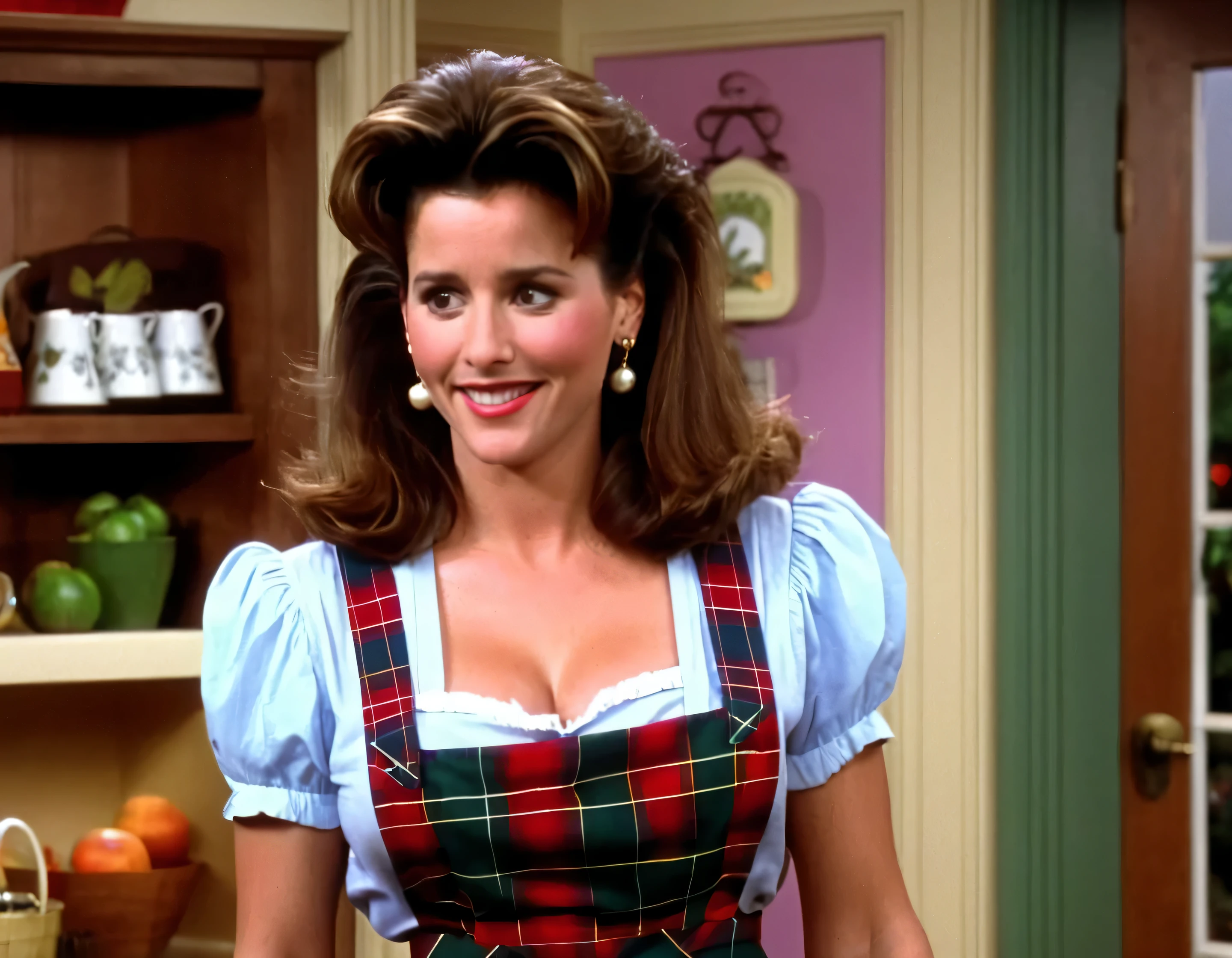 vhs screengrab, shot on a broadcast camera, a live-action 80's sitcom featuring a woman [30 years old], [1980s hairstyle], (skimpy:1.18) large-cleavage, tartan-dress, apron, side-view, indoor house background. (Reference: friends, Seinfeld, Full house:.9) high saturation