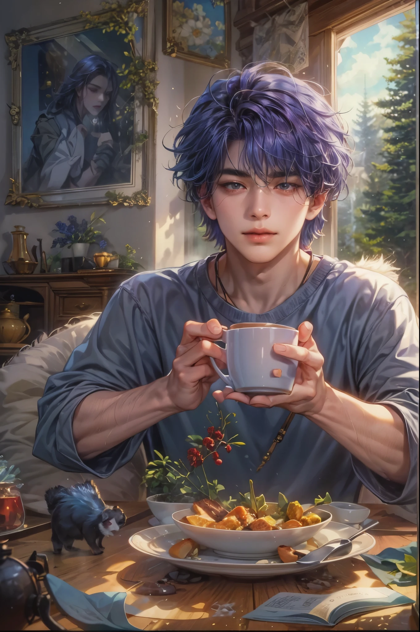 ((Best quality)), ((masterpiece)), (detailed), ((perfect face)), ((halfbody)) handsome young boy artist, purple hair, engaging in various activities within his cozy home nestled in a serene forest. Capture moments of his daily life, such as playing ps5, using his smartphone, digital painting, reading, playing a musical instrument, or enjoying a cup of tea, as he explores his creativity and self-discovery, all while surrounded by the warmth and comfort of his sanctuary