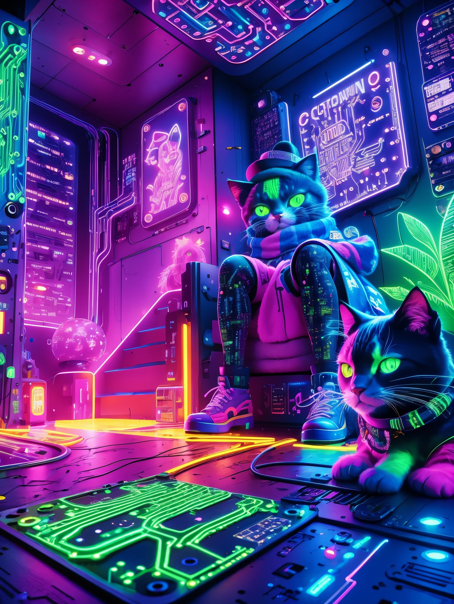 (Neon lights), ((circuit boards:1.5), (Anthropomorphism), (Cat in hat and scarf), wearing punk clothes, British gang members, urban style, intimidating poses, planet of cats, fashionable clothing, urban samurai, art station trends, surreal Detailed rendering, (UHD, masterpiece, ccurate, anatomically correct, textured skin, super detail, high details, award winning, best quality, 8k)