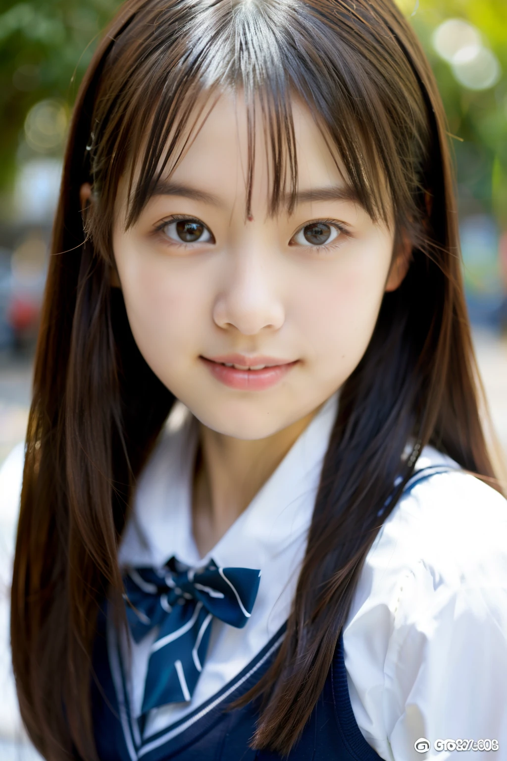 ulzzang-6500-v1.1,(8k、Raw photo、highest quality、masterpiece:1.2)、High resolution、wallpaper、(realistic、Photoreal:1.37)、bright lighting、professional lighting、face light、professional smooth lighting、japanese woman、20-year-old、Beautiful woman、action、gravure、sexy、super beautiful、Fine and beautiful skin、skin texture、beautiful and detailed eyes、detailed face、slim waist、Beautiful long hair、brunette colored hair、black eyes、look at the camera、Upper body、floating hair、human body as a whole、Japanese high school uniform、high school girl、School zone、Cherry tree、red ribbon、bob hair、Smile