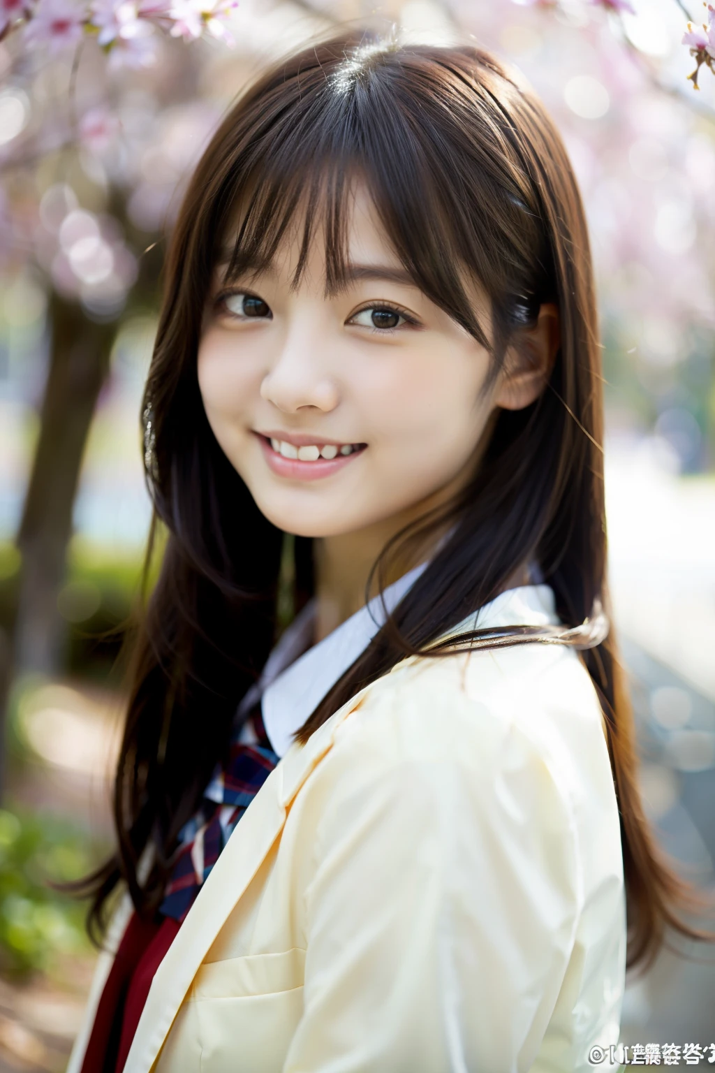 ulzzang-6500-v1.1,(8k、Raw photo、highest quality、masterpiece:1.2)、High resolution、wallpaper、(realistic、Photoreal:1.37)、face light、professional smooth lighting、japanese woman、20-year-old、Beautiful woman、action、gravure、sexy、super beautiful、Fine and beautiful skin、skin texture、beautiful and detailed eyes、detailed face、slim waist、Beautiful long hair、black eyes、look at the camera、(fullshot:1.3)、floating hair、human body as a whole、Japanese high school uniform、high school girl、School zone、Cherry tree、red ribbon、bob hair、Smile