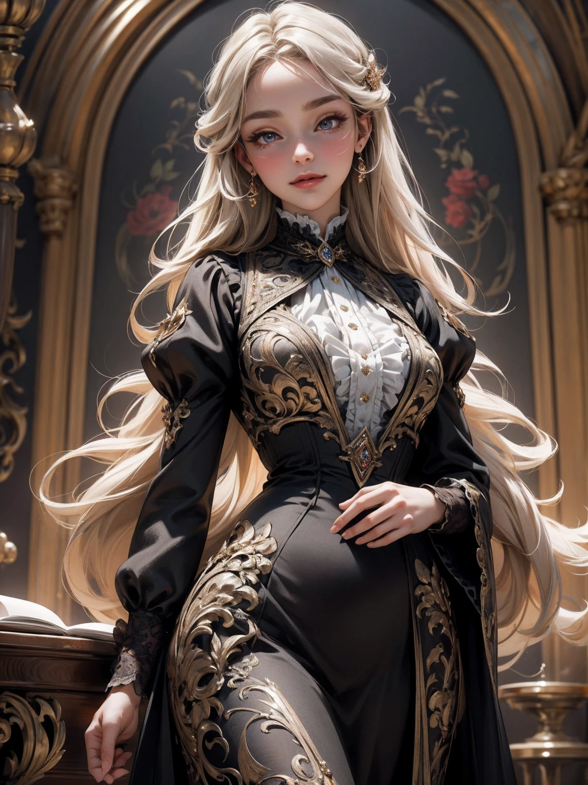 { -  error}(Masterpiece - Ultra-detailed, very high resolution) Prepare to be enchanted by a true masterpiece that combines ultra-detailed art with high-resolution rendering. This work depicts a mesmerizing woman with very long blond hair (1.3) and captivating gray eyes (1.2), emanating an aura of elegance and mystery in Victorian settings. The intricate details and realistic textures invite you to explore every aspect of this enchanting composition. Woman wearing beautiful classic Victorian costume from the year 1878. Red lips. Happy face. Smiling. red (gold) dress. Outside of the castle, backwards, looking back, upper body. dynamic poses. Get ready to dive into a world where beauty and craftsmanship merge perfectly.