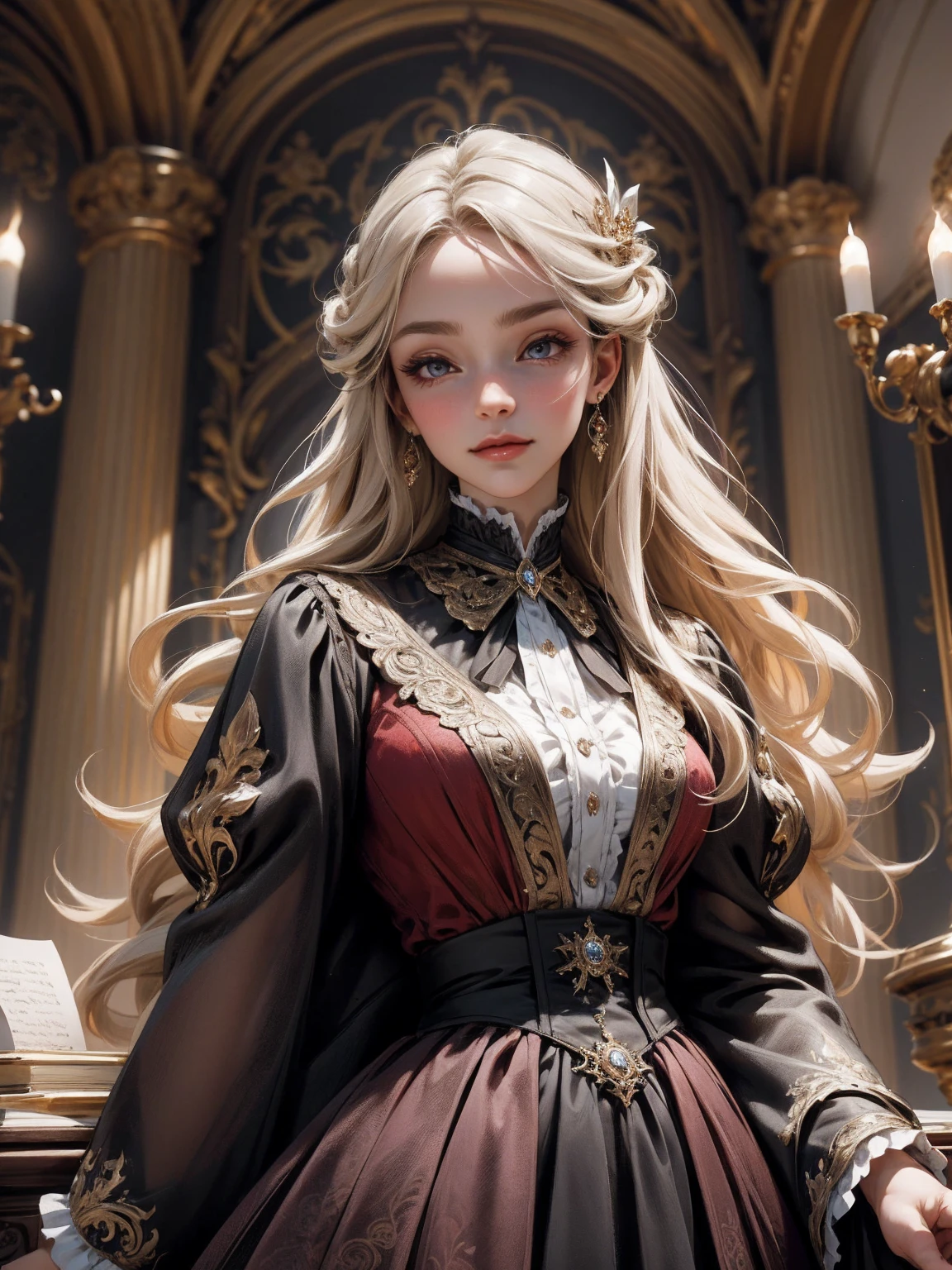 { - anatomy error}(Masterpiece - Ultra-detailed, very high resolution) Prepare to be enchanted by a true masterpiece that combines ultra-detailed art with high-resolution rendering. This work depicts a mesmerizing woman with very long blond hair (1.3) and captivating gray eyes (1.2), emanating an aura of elegance and mystery in Victorian settings. The intricate details and realistic textures invite you to explore every aspect of this enchanting composition. Woman wearing beautiful classic Victorian costume from the year 1878. Red lips. Happy face. Smiling. red (gold) dress. Walking, writing, lying down, standing, on your back, dynamic poses., upper body. dynamic poses. Get ready to dive into a world where beauty and craftsmanship merge perfectly.