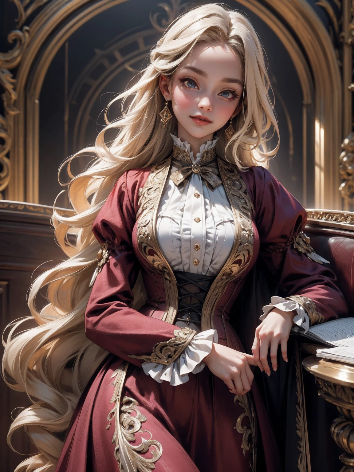 { - anatomy error}(Masterpiece - Ultra-detailed, very high resolution) Prepare to be enchanted by a true masterpiece that combines ultra-detailed art with high-resolution rendering. This work depicts a mesmerizing woman with very long blond hair (1.3) and captivating gray eyes (1.2), emanating an aura of elegance and mystery in Victorian settings. The intricate details and realistic textures invite you to explore every aspect of this enchanting composition. Woman wearing beautiful classic Victorian costume from the year 1878. Red lips. Happy face. Smiling. red (gold) dress. Walking, writing, lying down, standing, on your back, dynamic poses., upper body. dynamic poses. Get ready to dive into a world where beauty and craftsmanship merge perfectly.
