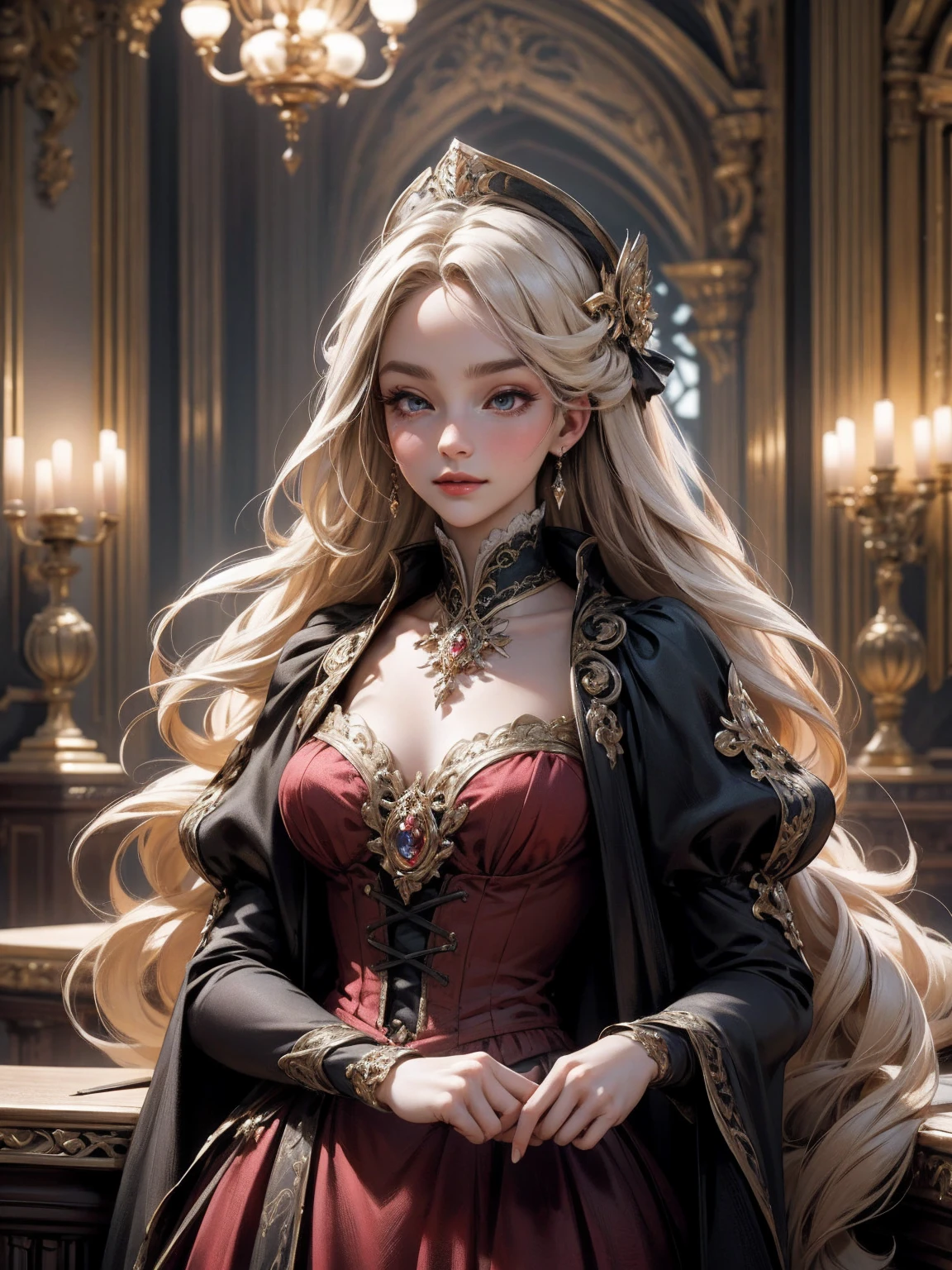 { -  error}(Masterpiece - Ultra-detailed, very high resolution) Prepare to be enchanted by a true masterpiece that combines ultra-detailed art with high-resolution rendering. This work depicts a mesmerizing woman with very long blond hair (1.3) and captivating gray eyes (1.2), emanating an aura of elegance and mystery in Victorian settings. The intricate details and realistic textures invite you to explore every aspect of this enchanting composition. Woman wearing beautiful classic Victorian costume from the year 1878. Red lips. Happy face. Smiling. red (gold) dress. Outside of the castle, backwards, looking back, upper body. dynamic poses. Get ready to dive into a world where beauty and craftsmanship merge perfectly.