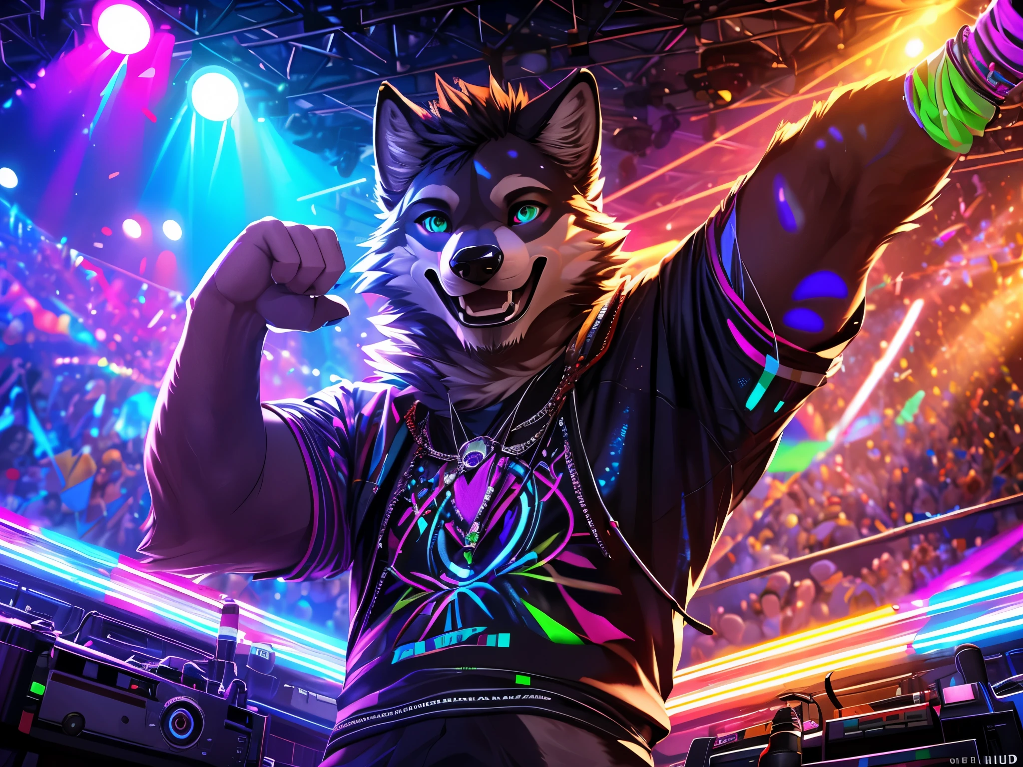 there is a man of a Wolf playing a dj at a party, on a very magnificent stage, A man facing the audience, shot Camera from top right, scene from a rave, at a rave, pov furry art, background artwork, peoples rave party, partying at a rave, commission for high res, fursona art, [ Chunie art style ], dj rave party, with blue, red, white, purple and green lights, excited face, enjoying dj Rave party, (Wide Shot: 1:3), (Realistic eyes detail: 1:2), high details, high quality, award winning, HD, 16k, (best quality,4k,8k,highres,masterpiece:1.2),ultra-detailed,realistic:1.37,HDR,UHD,studio lighting,extreme detail description,professional,vivid colors,bokeh,lively atmosphere, natural lighting