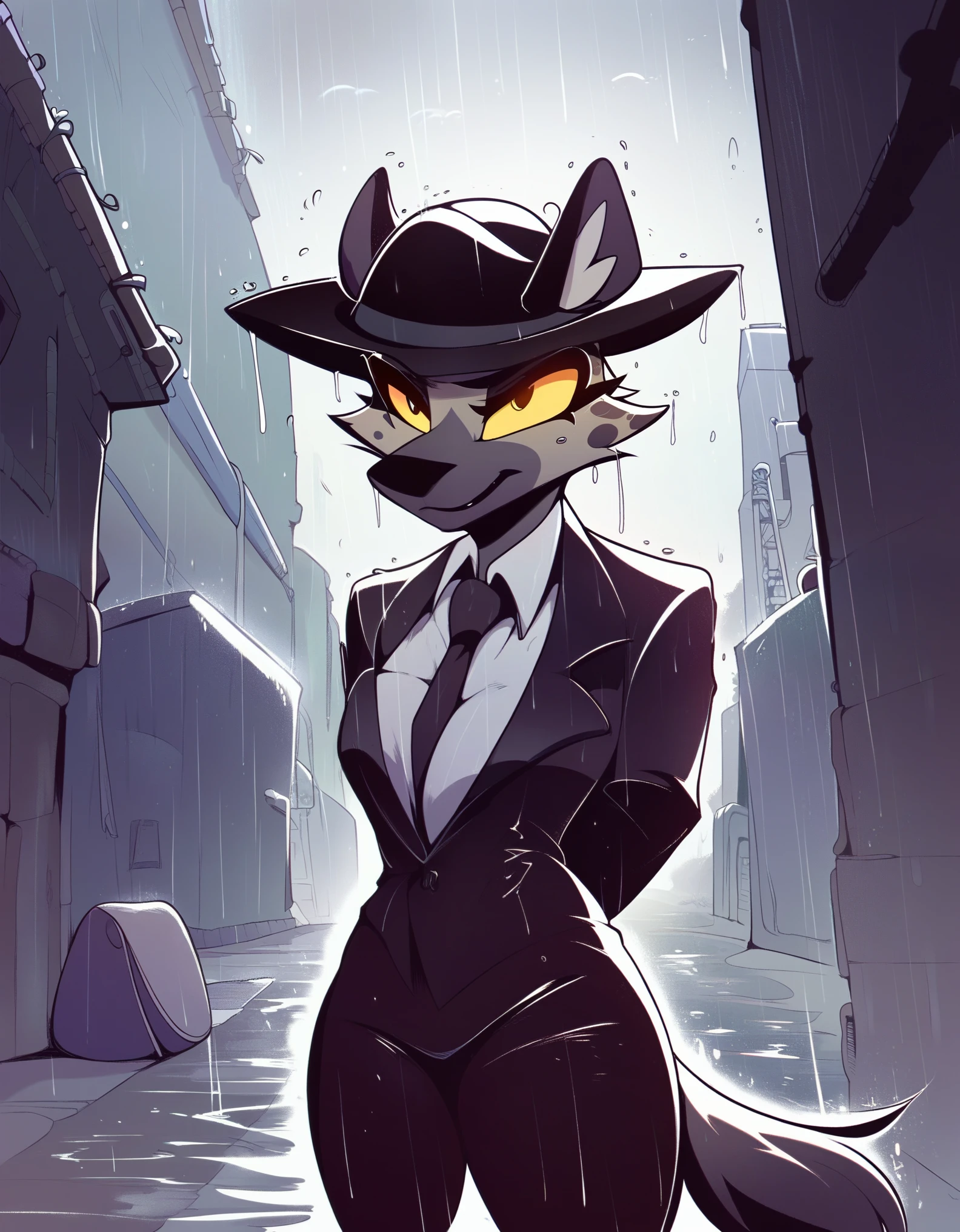 score_9, score_8_up, score_7_up, score_6_up, furry, questionable, anthro hyena woman mafia boss, suit and tie, hat, glowing yellow eyes, monochrome, alley, raining, night, noir, solo, hands behind back, striking image, by r-mk, detailed, beautiful