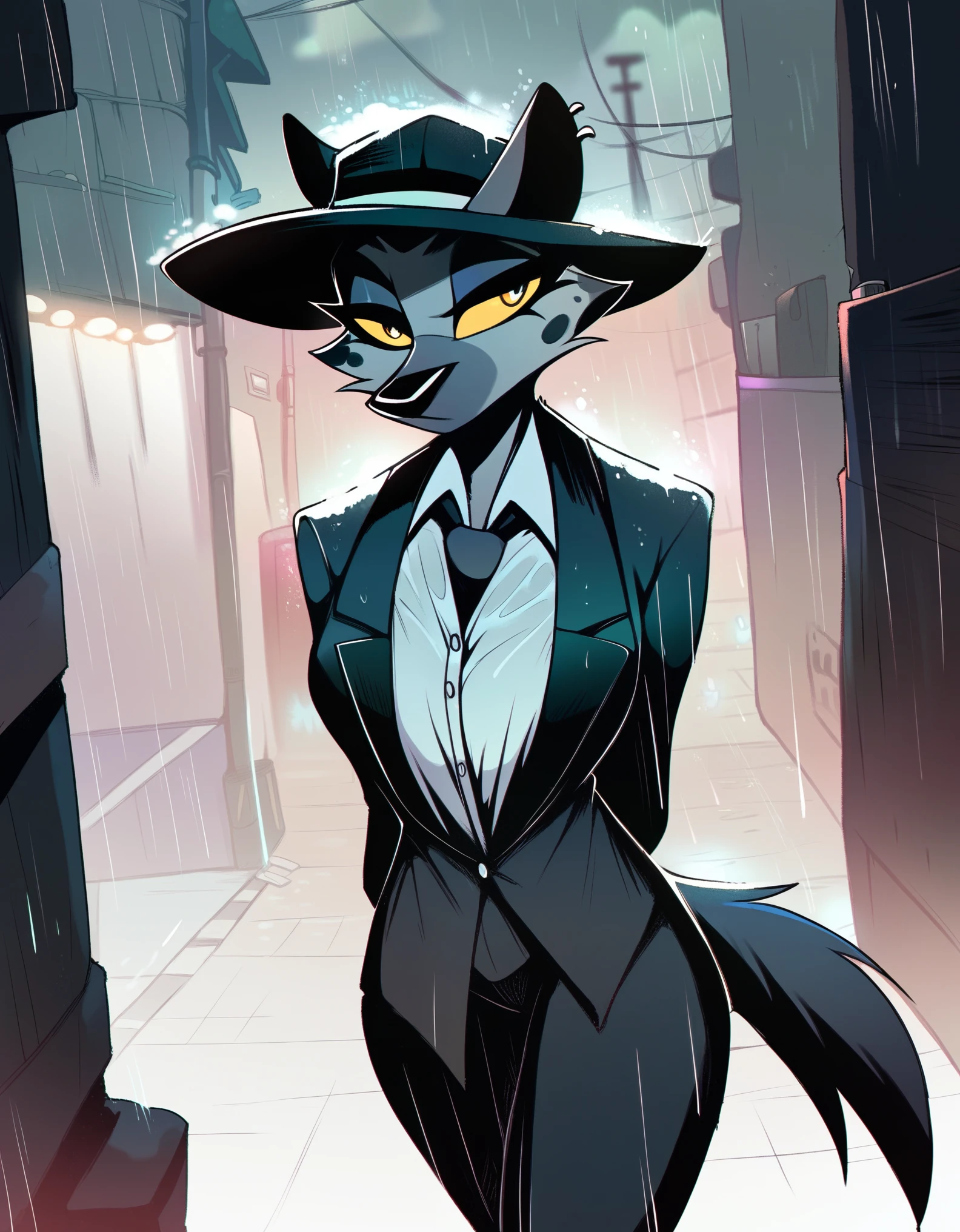 score_9, score_8_up, score_7_up, score_6_up, furry, questionable, anthro hyena woman mafia boss, suit and tie, hat, glowing yellow eyes, monochrome, alley, raining, night, ????, solo, hands behind back, striking image, by r-mk, detailed, beautiful