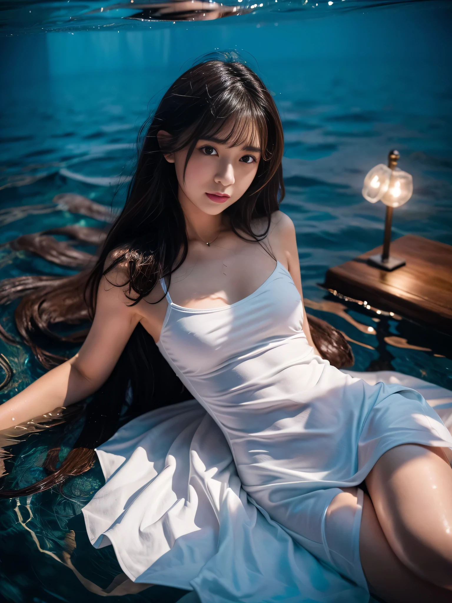 ((bestquality, masterpiece,best quality,High quality,Soft light)),1girl,solo,((Deep water)),swimming,buoyancy, Float, wet clothes, 1girl, water, long hair, dress, solo, brown hair, bare shoulders, looking at viewer, lips, hair ornament, white dress, Sea floor, Float, No gravity, underwater, nsfw