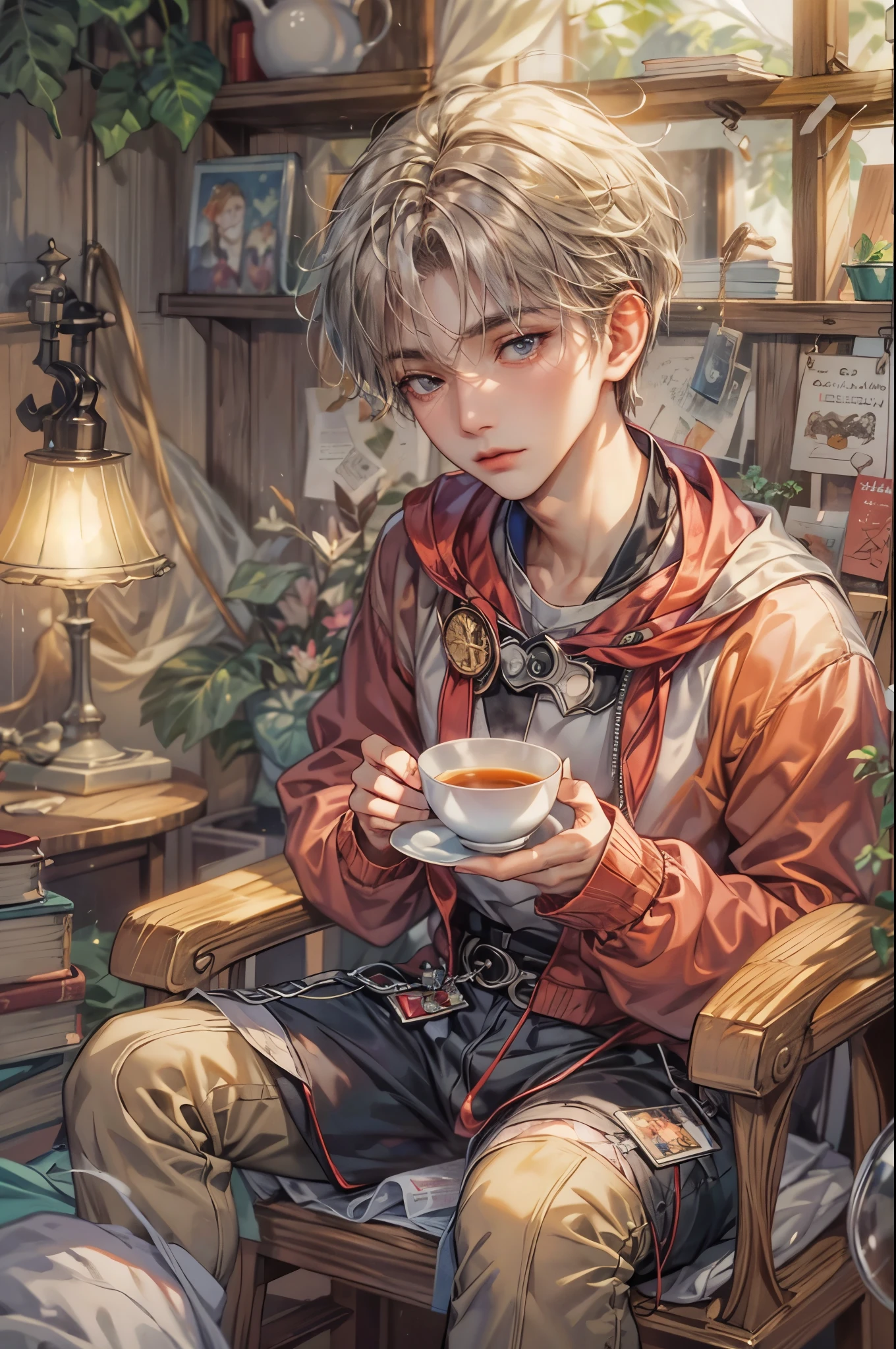 ((Best quality)), ((masterpiece)), (detailed), ((perfect face)), ((halfbody)) sailor moon character, make version, handsome young boy artist, engaging in various activities within his cozy home nestled in a serene forest. Capture moments of his daily life, such as using his smartphone, digital painting, reading, playing a musical instrument, or enjoying a cup of tea, as he explores his creativity and self-discovery, all while surrounded by the warmth and comfort of his sanctuary