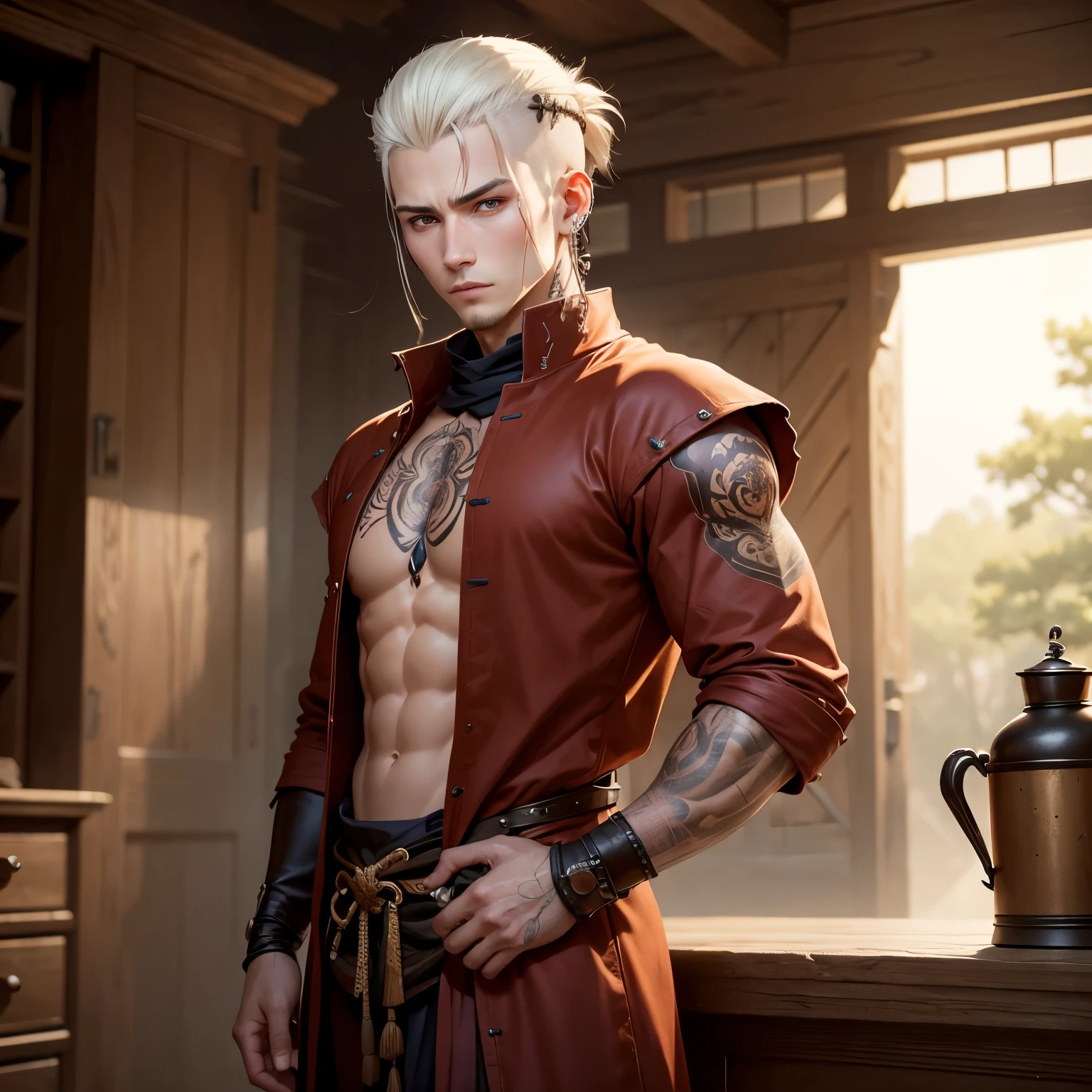 8k, masterpiece, best quality, realistic, higly detailed, cowboy shot, 1boy, solo, Shion Madarame, man, above-average height, long light hair swept to the right with the left side of his head shaved, temple tattoo extending down to neck, small scar on leftmost side of mouth, two piercings on both ears, clothed, medieval, monk, clothed, medieval, monk, 