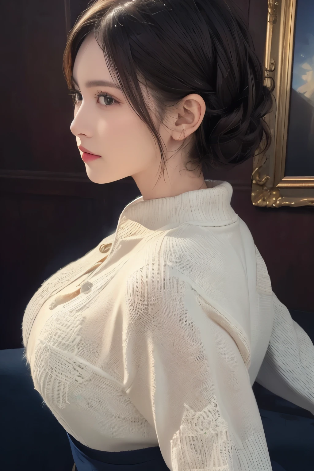 (masterpiece:1.3), (8k, lifelike, original photo, best quality: 1.4), (1 girl), pretty face, (lifelike的脸), (black hair, short hair:1.3), beautiful hairstyle, lifelike的眼睛, Beautiful and delicate eyes, (lifelike的皮肤), Beautiful skin, (sweater), Ridiculous, attractive, ultra high resolution, Surreal, Very detailed, golden ratio，whole body，slim waist，raised buttocks，