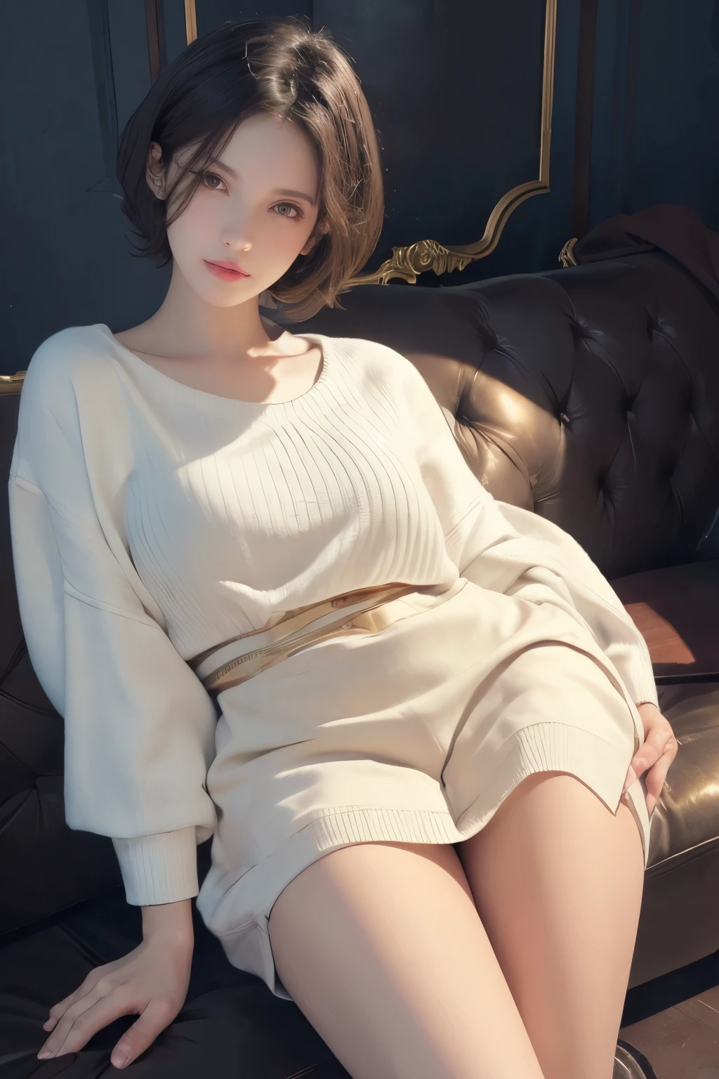 (masterpiece:1.3), (8k, lifelike, original photo, best quality: 1.4), (1 girl), pretty face, (lifelike的脸), (black hair, short hair:1.3), beautiful hairstyle, lifelike的眼睛, Beautiful and delicate eyes, (lifelike的皮肤), Beautiful skin, (sweater), Ridiculous, attractive, ultra high resolution, Surreal, Very detailed, golden ratio,whole body,slim waist,raised buttocks,