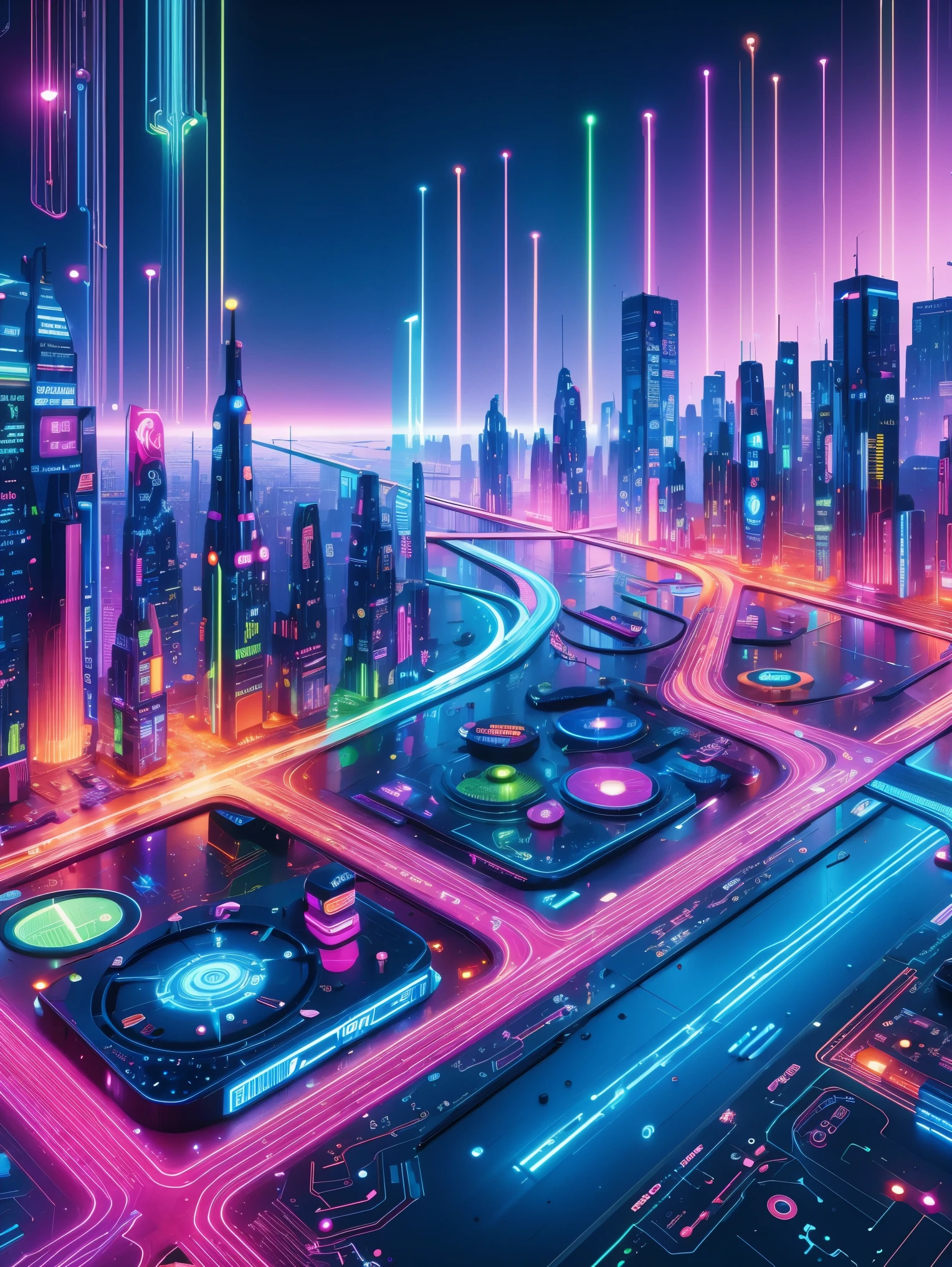 (Neon lights)，circuit boards，science and technology，science fiction，Color symbols，hologram，((ground vehicle))，Gurwitz style artwork，Neon lights，(UHD, masterpiece, ccurate, anatomically correct, textured skin, super detail, high details, award winning, best quality, 8k)