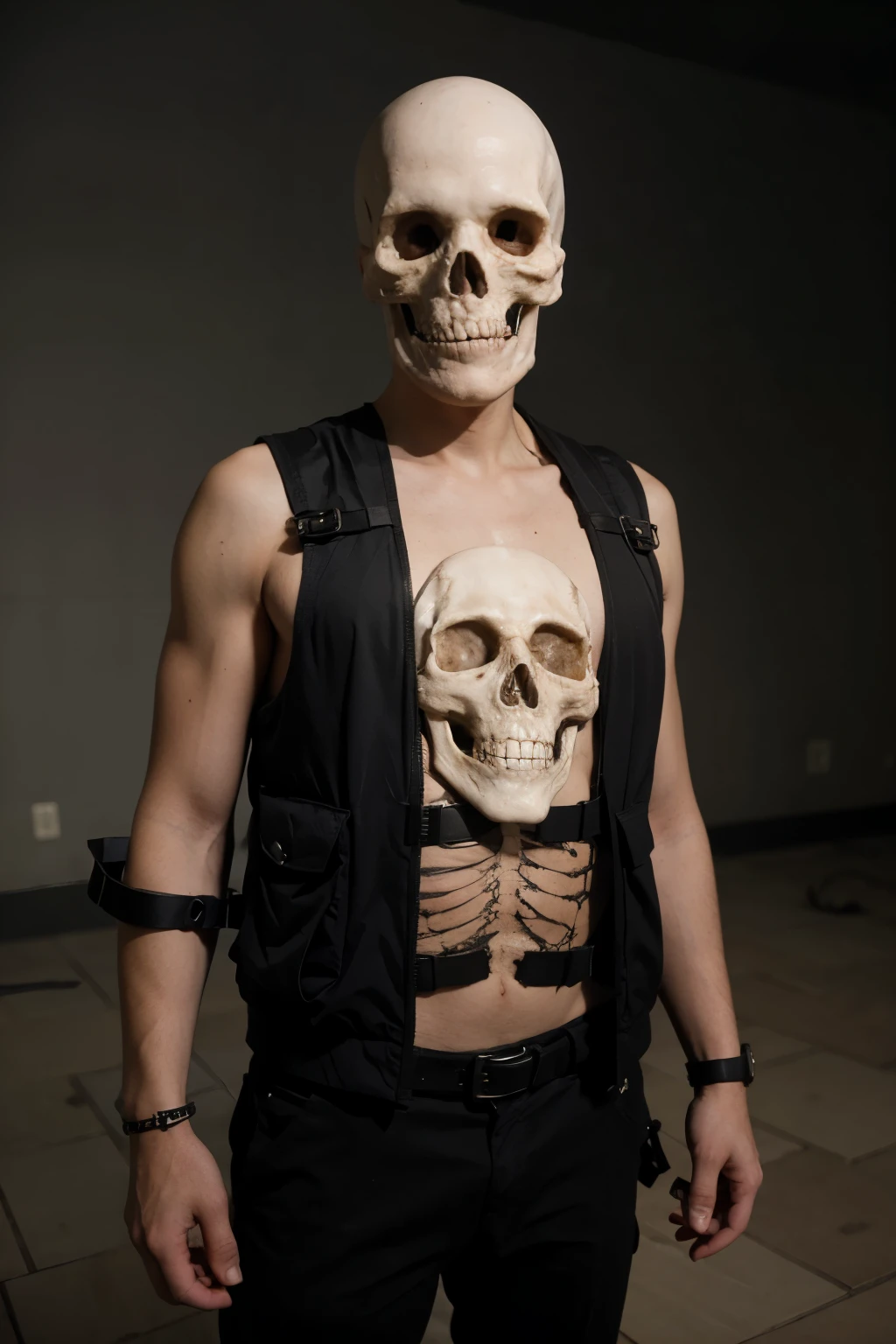 A graphic character similar to the ghost terrorist Kalaf Duti with a skeleton face wearing a bulletproof vest and a bomb attached to him.
who is wearing a vest with a ticking time bomb