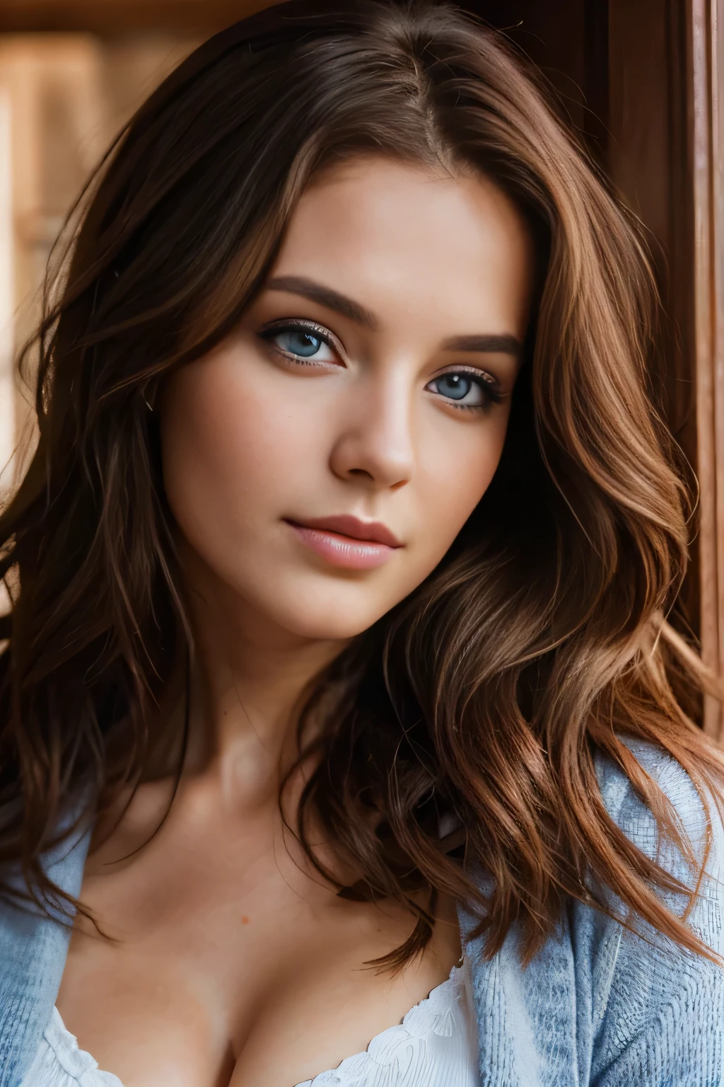 Portrait, Wavy Reddish Brunette instagram model from europe with beautiful shiny detailed blue eyes, aged30, 8k, looking into the camera, Bright Lighting, ultra-realistic, best quality,