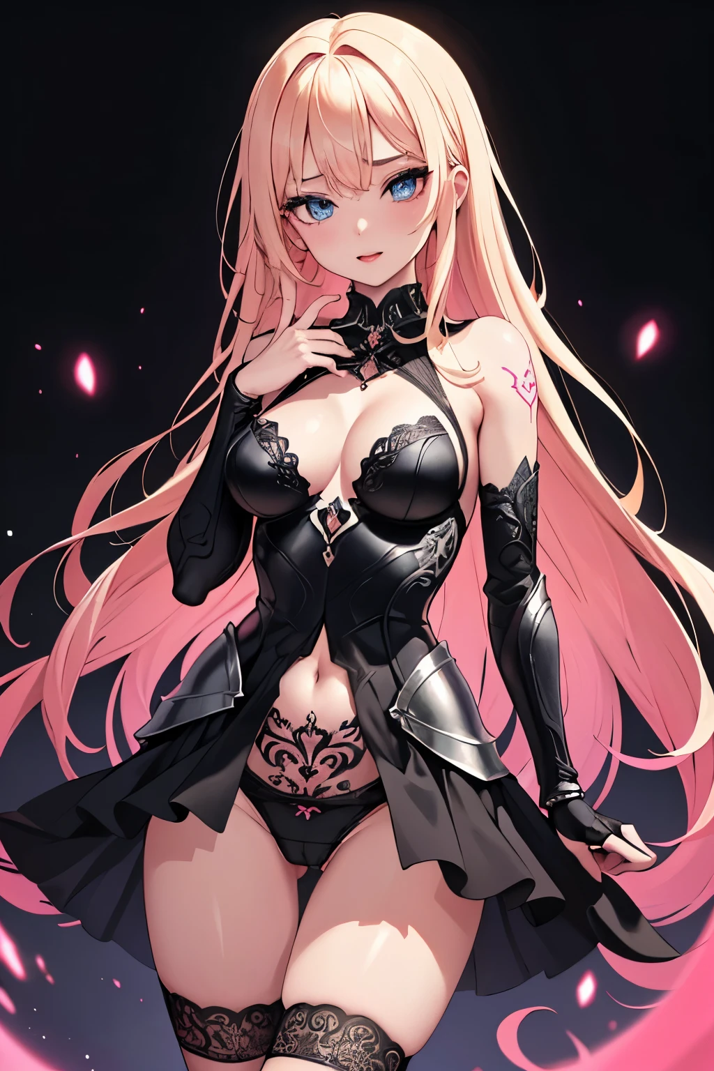 1girl, anime, cute girl, blank background, white background, fantasy, detailed fantasy dress with highlights, beautiful face, beautiful eyes, dark colors, pink hair with some streaks of blue strands, different color pupil in eye, medium small breasts (slightly big), slight cleavage, beautiful skin, cute, breast curtains, extremely delicate and beautiful, (beautiful detailed face:1.0), (detailed deep eyes), symmetrical breasts, deep eyes, shiny skin, portrait, slender waist, hips wider than shoulders, thighs, expressionless, young girl, luminous eyes, adorable，（Kpop idol）,（aegyo sal：1），（Platinum blonde hair：1），（（puffy eye）），Black panty，sexy posture，Superskirt, ultra high resolution，Black collar，slim figure, Abdominal y tattoo, womb tattoo，Tight-fitting leg ring，y tattoo on half-body，Bare skin, Armored hand，Hidden fingertips，Hand covered，Arm covered，Fist covered,{{beautiful detailed fingers}}, tufts of hair, moderate beautiful breast:1.0,(masterpiece:1.2), best quality, high-res, HDR, perfect face, intricate armor, delicate blue filigree, intricate filigree, red metalic parts, detailed part, dynamic pose, dynamic lights,