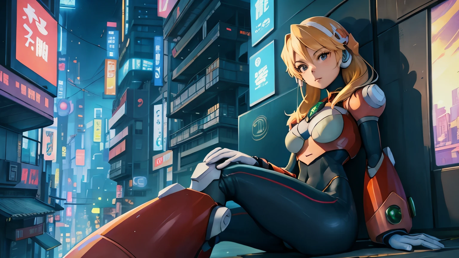 alia_megamanx sitting on the edge of the top of a building in Tokyo - cyberpunk city in the background, SSCI - FI, fantasia, intricado, muito muito bonita, elegante, luz neon, altamente detalhado, pintura digital, art station, arte conceitual, anatomia humana, Luz Suave, Suave, illustration, por tian zi e artgerm e greg rutkowski e alphonse much e loish e WLOP