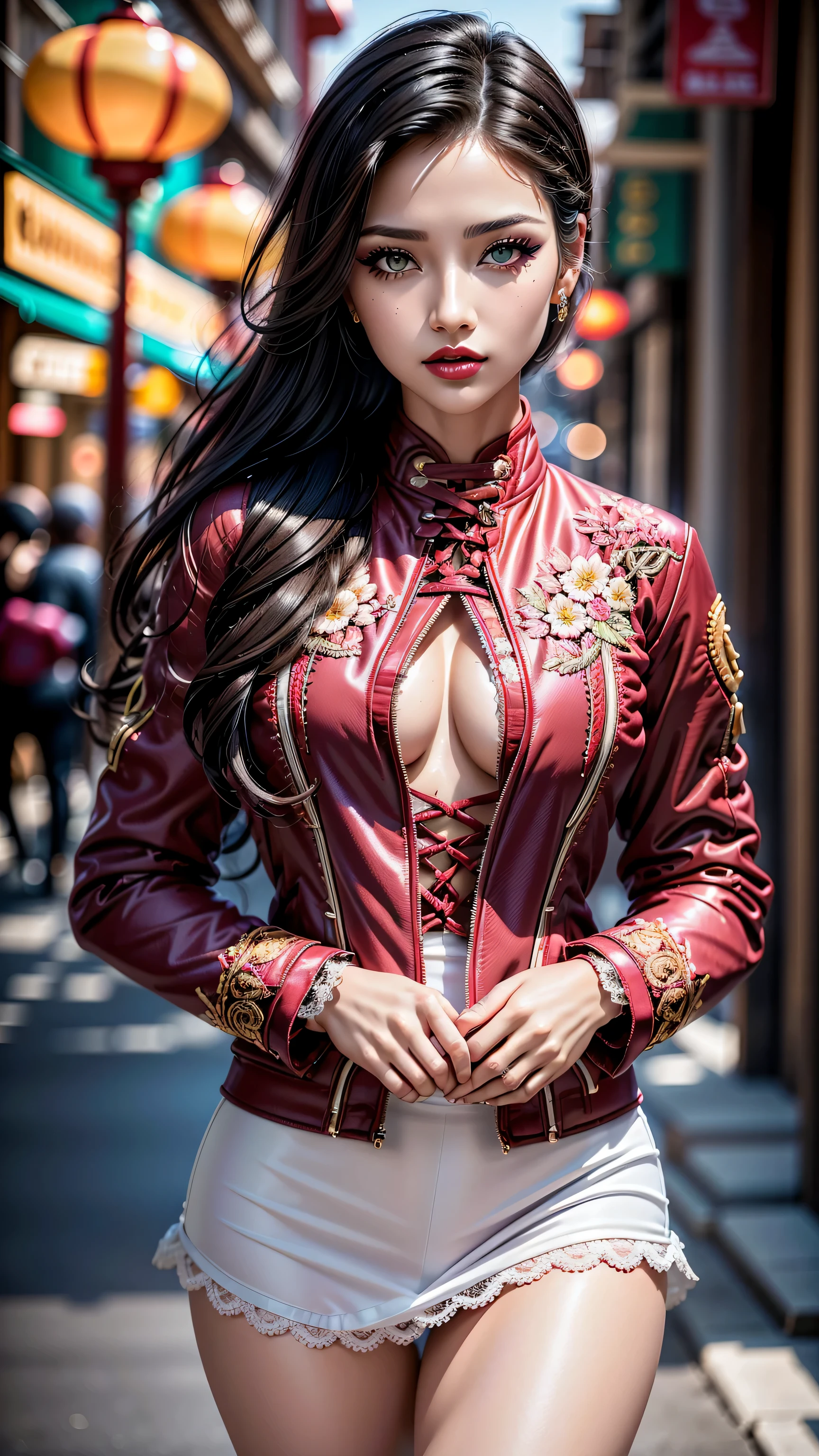 Divide Ratio : 1,1,1 Base Ratio: (portrait),(Highest resolution),(the most absurd quality),(masterpiece),(sharp focus),(最high quality),(photorealistic),(hyper realistic),beauty (mixed girl)(madison ivy:0.2)(jessica alba:0.6)(Ariana Grande:0.2) in of a (girl 22-year-old),fashion supermodel,(best high quality real texture skin:1.4),(ebony skin female),(best quality texture hair:1.4),BREAK,((black hair (slicked to the side) Intricately detailed:1.35)),night((outside,in the Chinatown at night:1.3)),(best high quality:1.4),(soft neon lighting on the face and body),(perfect proportions),(anatomically correct),(perfect female body:1.4),(firm big full breasts:1.3),slim face,beautiful cheekbones,((slim,swell-muscled body:1.2)),(Super beautiful face),(realistic face),(Intricately detailed face),(Intricately detailed eyes),finely detailed face,finely quality eyes,(tired and sleepy and satisfied:0.0),a woman's eye with a digital rendering,(realistic eyes,perfect round eyes,finely detailed pupils),(green_eyes:1.26),BREAK,detailed lips:1.3,(purple_makeup:1.35),(long blue_eyeliner:1.35),(red_lipstick:1.28),(perfect dark_eyeshadows:1.3),(Intricately detailed makeup on eyes:1.3), iridescent eyes, with professional makeup, vibrant eyes:1.2, (Detailed nose:1.2),BREAK,((Intricately detailed red((cut jacket cute)) wear:1.3)),small head:1.4,BREAK,(long white-black lace dress((lace-up dress with Intricately detailed:1.3))),(random u%u top:1.25),exquisite balance of shadows,perfect composition,(shot above the knee:1.3),look at the viewer,(from below:1.3),((show high exposed thighs:1.3)), Hasselblad, 85mm f/4.0