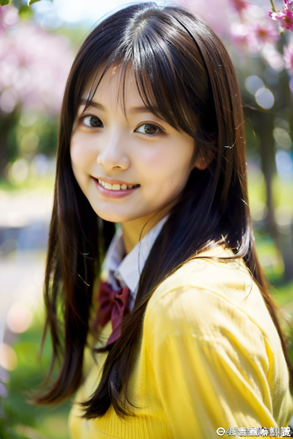 ulzzang-6500-v1.1,(8k、Raw photo、highest quality、masterpiece:1.2)、High resolution、wallpaper、(realistic、Photoreal:1.37)、face light、professional smooth lighting、japanese woman、20-year-old、Beautiful woman、action、gravure、sexy、super beautiful、Fine and beautiful skin、skin texture、beautiful and detailed eyes、detailed face、slim waist、Beautiful long hair、black eyes、look at the camera、(fullshot:1.3)、floating hair、human body as a whole、Japanese high school uniform、high school girl、School zone、Cherry tree、red ribbon、bob hair、Smile