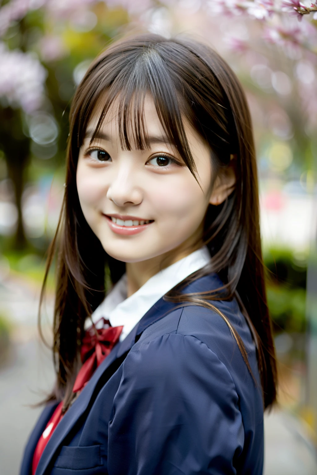 ulzzang-6500-v1.1,(8k、Raw photo、highest quality、masterpiece:1.2)、High resolution、wallpaper、(realistic、Photoreal:1.37)、face light、professional smooth lighting、japanese woman、20-year-old、Beautiful woman、action、gravure、sexy、super beautiful、Fine and beautiful skin、skin texture、beautiful and detailed eyes、detailed face、slim waist、Beautiful long hair、black eyes、look at the camera、(fullshot:1.3)、floating hair、human body as a whole、Japanese high school uniform、high school girl、School zone、Cherry tree、red ribbon、bob hair、Smile