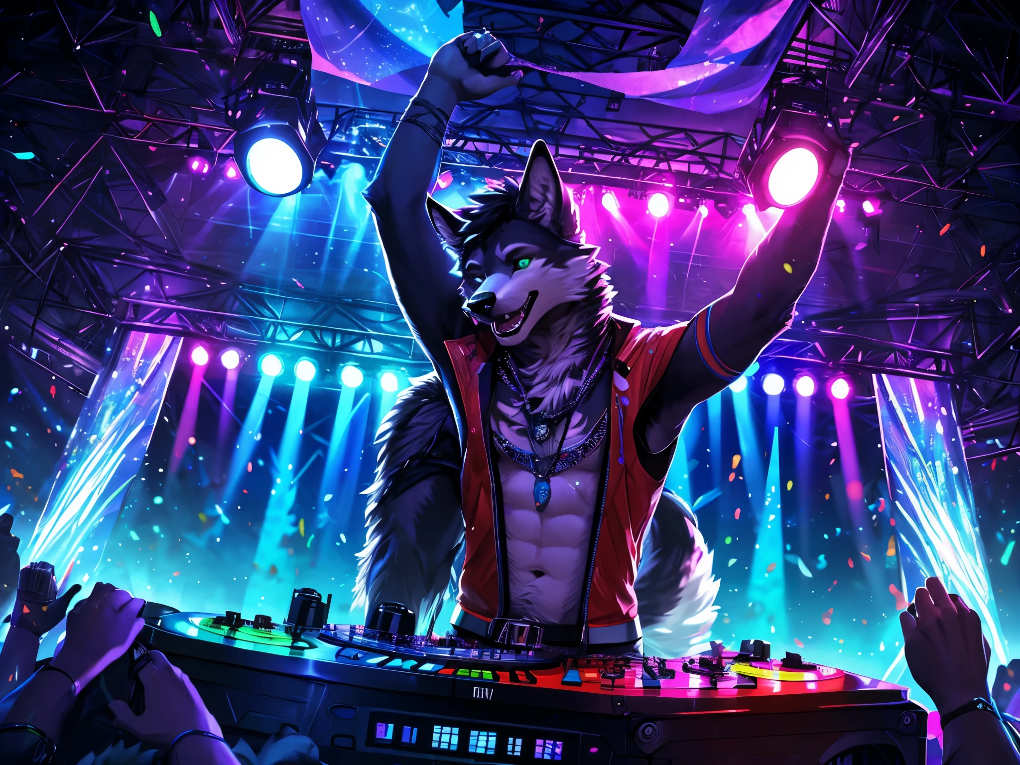there is a man of a Wolf playing a dj at a party, on a very magnificent stage, A man facing the audience, Wide Shot, shot Camera from top right, scene from a rave, at a rave, pov furry art, background artwork, peoples rave party, partying at a rave, commission for high res, fursona art, [ Chunie art style ], dj rave party, with blue, red, white, purple and green lights, excited face, enjoying dj Rave party, (Wide Shot: 1:2), (Realistic eyes detail: 1:2), high details, high quality, award winning, HD, 16k, (best quality,4k,8k,highres,masterpiece:1.2),ultra-detailed,realistic:1.37,HDR,UHD,studio lighting,extreme detail description,professional,vivid colors,bokeh,lively atmosphere, natural lighting