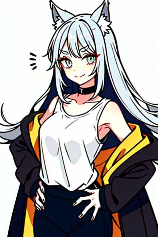 silver hair, wolf ears, wolf tail, small breasts, silver eyes, brown skin, mocking, left hand behind head, Putting your right hand on your hip, long slit eyes, long eyelashes, Wolf cut hair, Hairy hair, large amount of body hair, Hair grows all over the body, wearing an overjacket, Wearing a white cropped T-shirt, messy hair, inside the room, choker, large amount of armpit hair, thick eyebrows, cool, smile