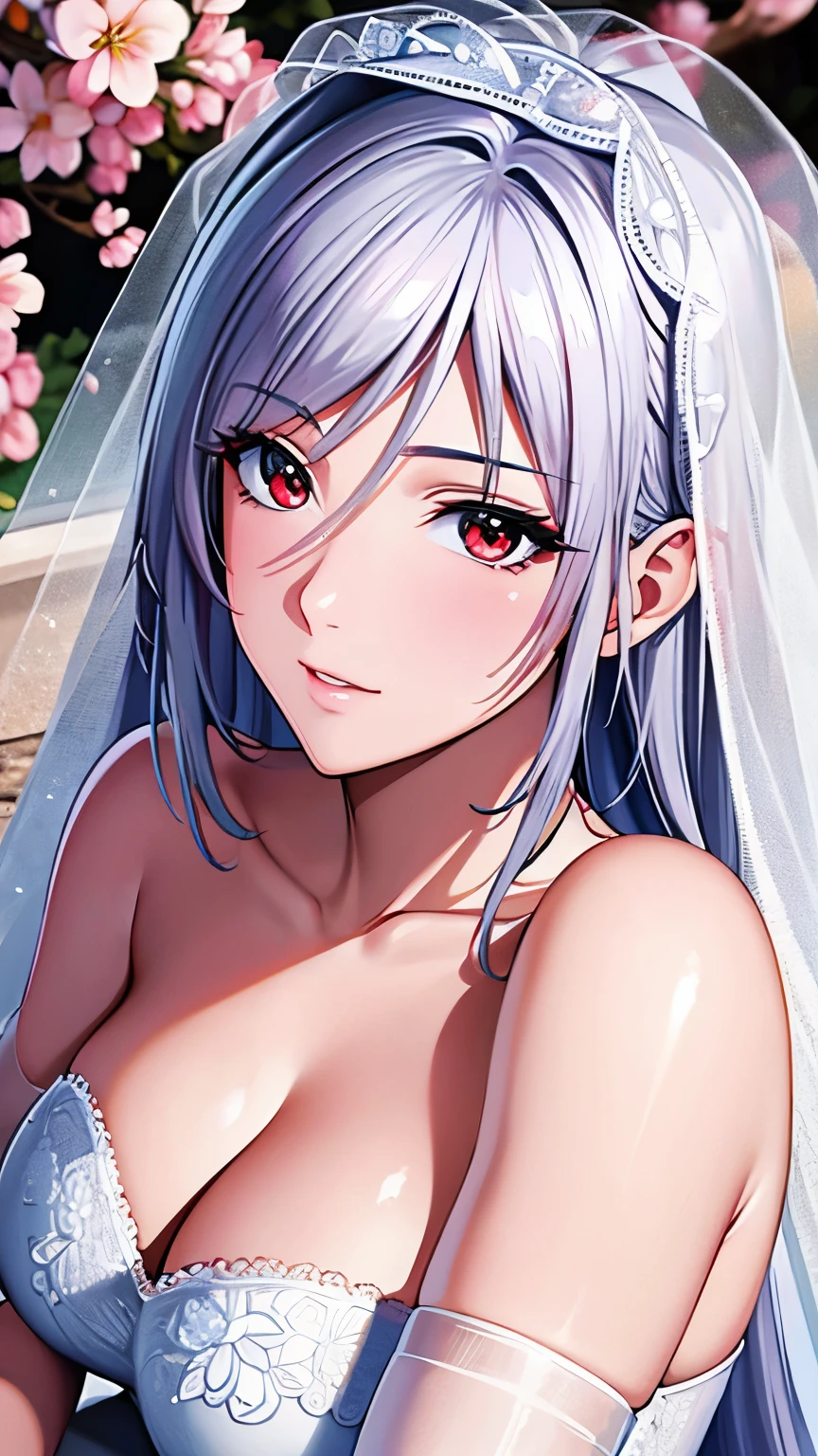 red eyes, (Background full of cherry blossom petals:1.0), (highest quality, masterpiece絵画:1.3), mature woman, 26 years old, whole body, (beautiful neck:1.2),(from the top of the head to the toes),looking at camera, (From the side), masterpiece, ultra high resolution, (Photoreal:1.0), bright white hair,straight long hair, beautiful shining hair, white and shining skin, ((Ultra realistic details)), octane rendering, highly detailed face,(gorgeous white wedding dress,white Wedding veil,delicate decoration:1.2), open neckline, cleavage, perfect body, soft skin, anime face, perfect face, perfect eyes, looking at the viewer, smart,, Many flowers are blooming at my feet, outdoors,sharp focus, intricate details, professional artwork, (bright colors:1.1), bright colors, diffused lighting, digital blending, ultra-definition body, ultra detail hair, super detailed face, that&#39;It&#39;s trending on pixiv,perfect lips, perfect compensation, Ultra-precision coating, (light_smile:0.8), (Very embarrassed:1.2),look down,A glossy look