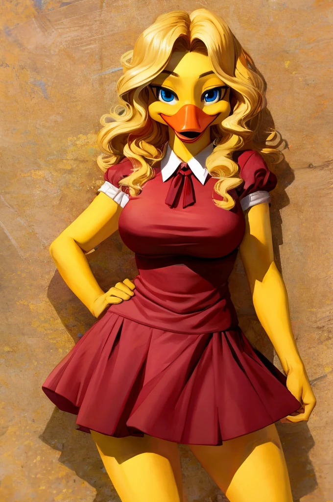 score_9, score_8_up, score_7_up, score_6_up, rating_Explicit, BREAK,, melissa Duck, (blond hair), (wavy hair), (blue eyes), (narrowed eyes), (happy), (Red dress, clothing), (standing), (yellow skin), (solo:), (orange beak), skirt, absurd resolution, absurd detail, sexy pose, motion lines, , front view, detailed fur, detailed face,, masterpiece, highest quality, 2d | Photorealism,