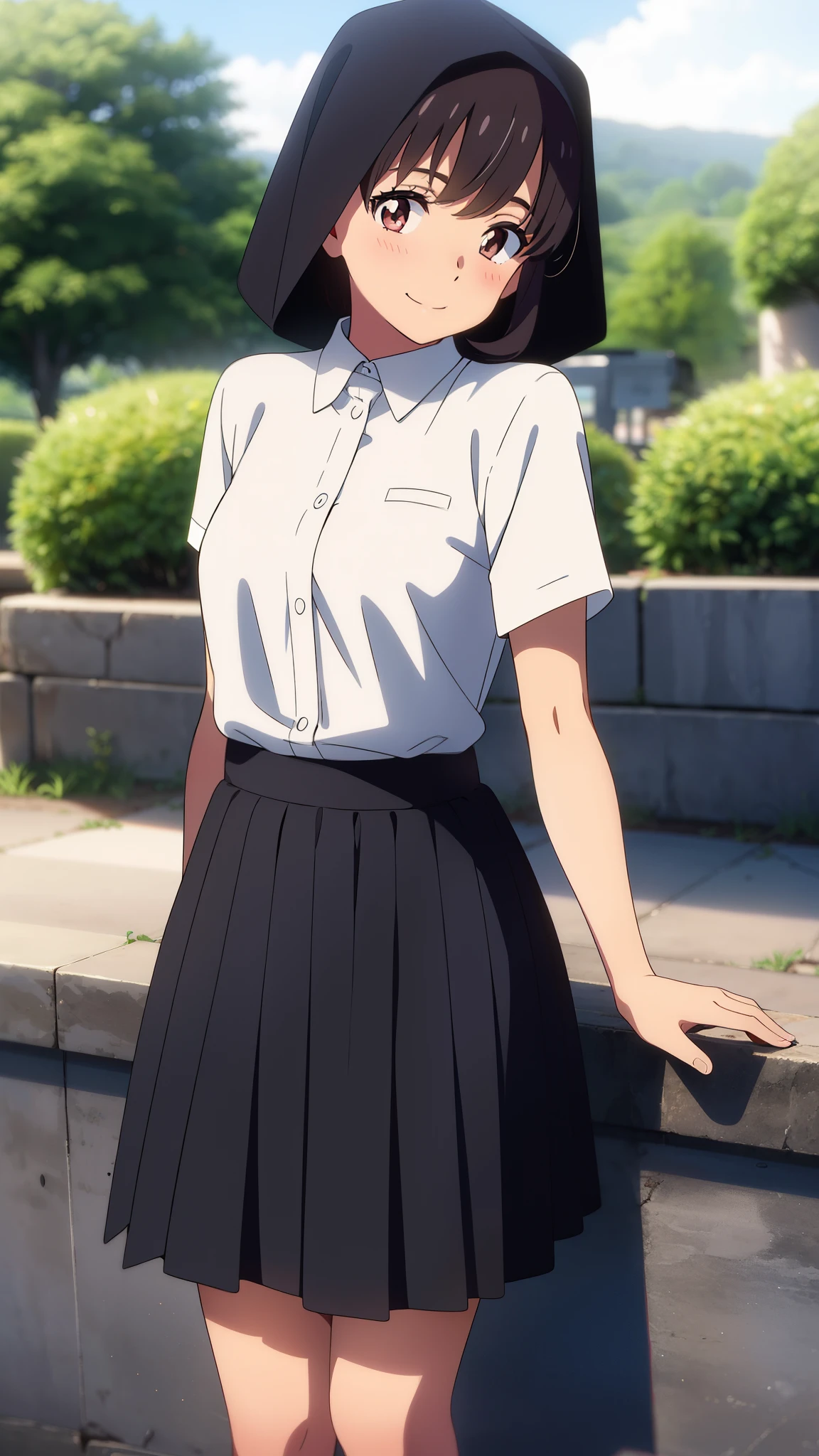 shinkai makoto, kimi no na wa., 1girl, bangs, black hair, short hair, ((wearing islamic hijab)), blush, bright eyes, brown eyes, red bow, smile, cute, beautiful, shiny skin, solo, looking at the viewer, shirt, white shirt, short sleeves, black skirt, long skirt, market, tree, cloudy, overcast